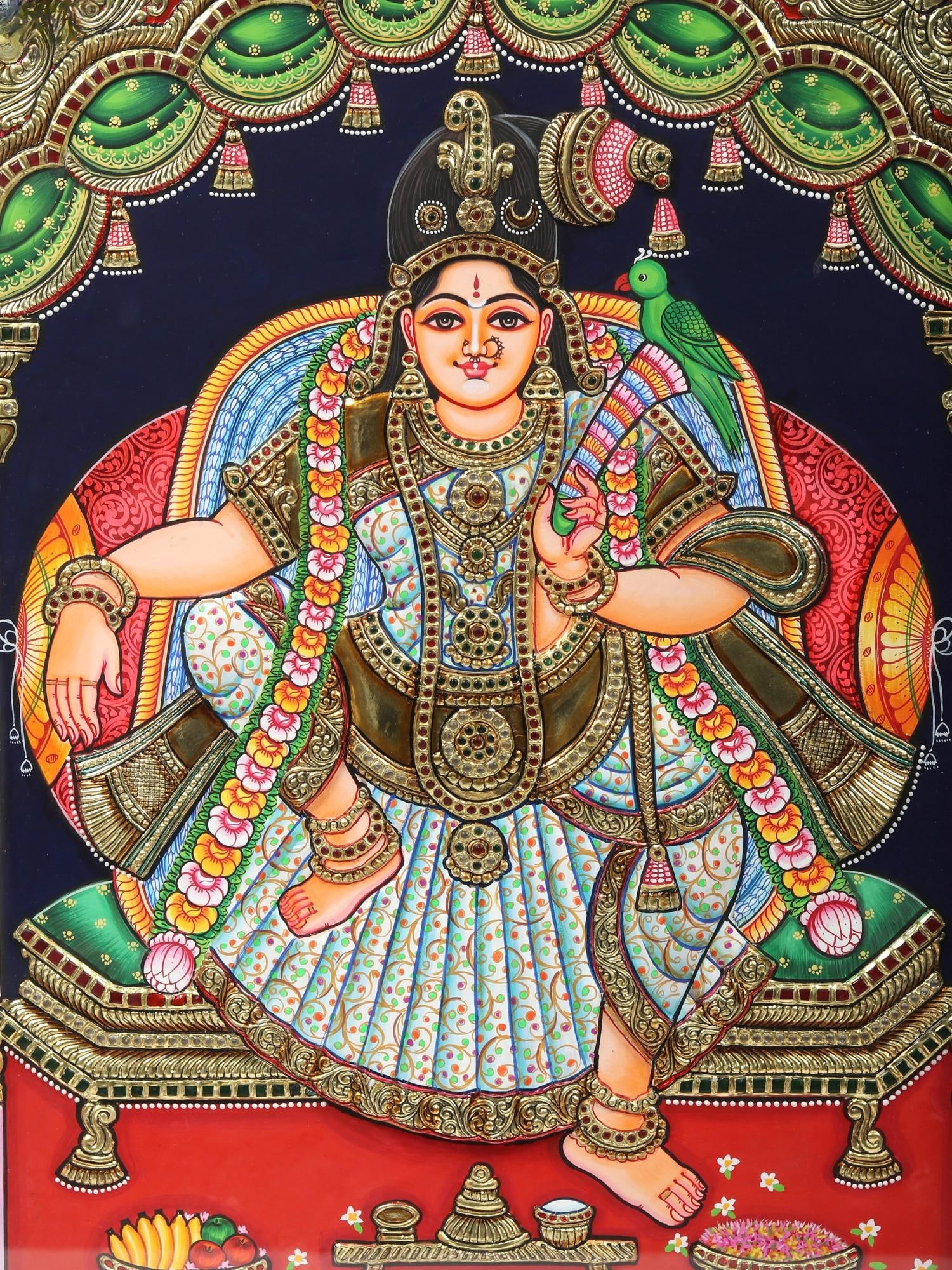 Sitting Goddess Andal | Tanjore Painting with Frame - 2