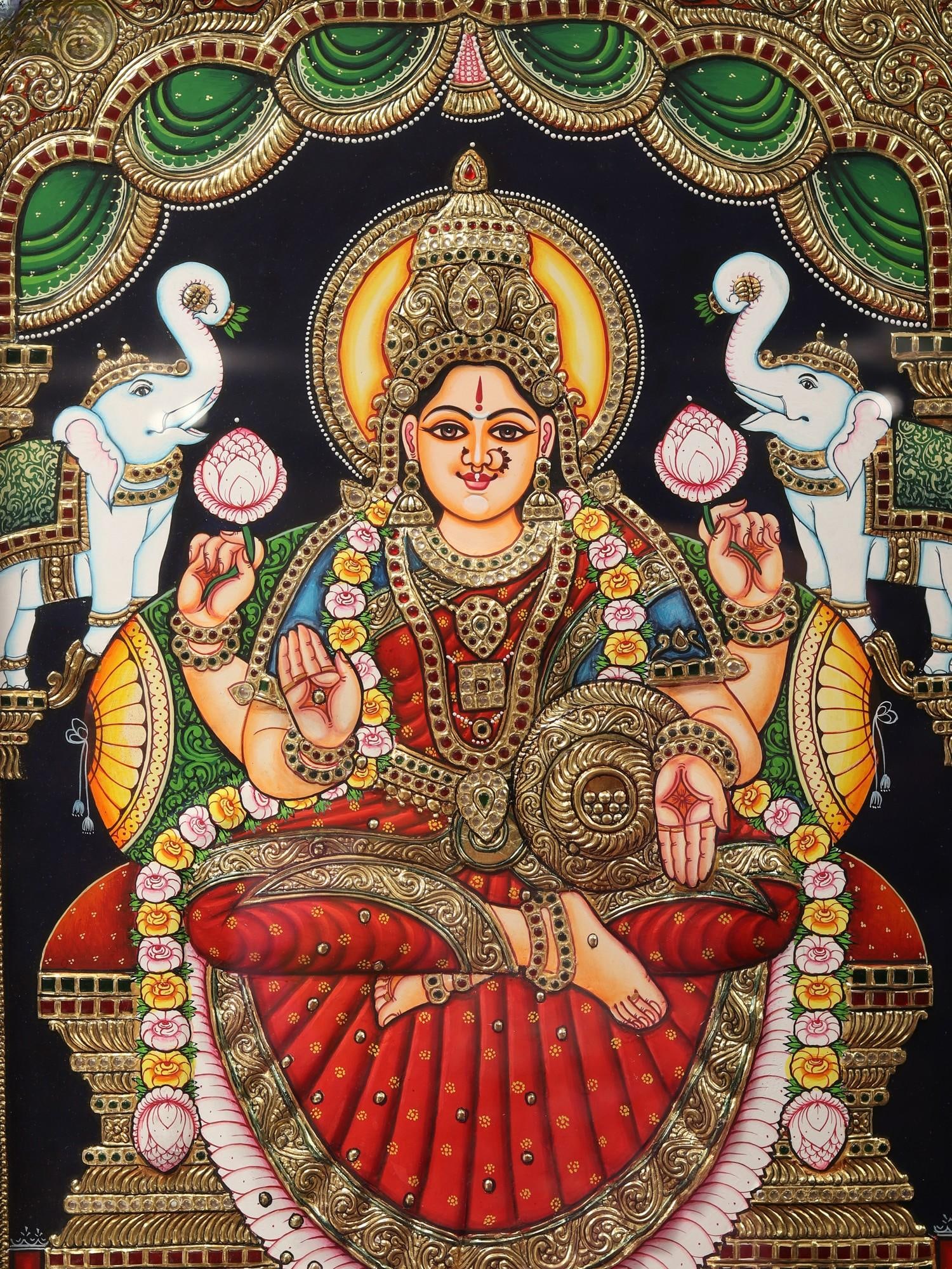 Gajalakshmi, Tirupati Balaji (Venkateshvara) and Ganesha | Tanjore Painting with Frame - 2