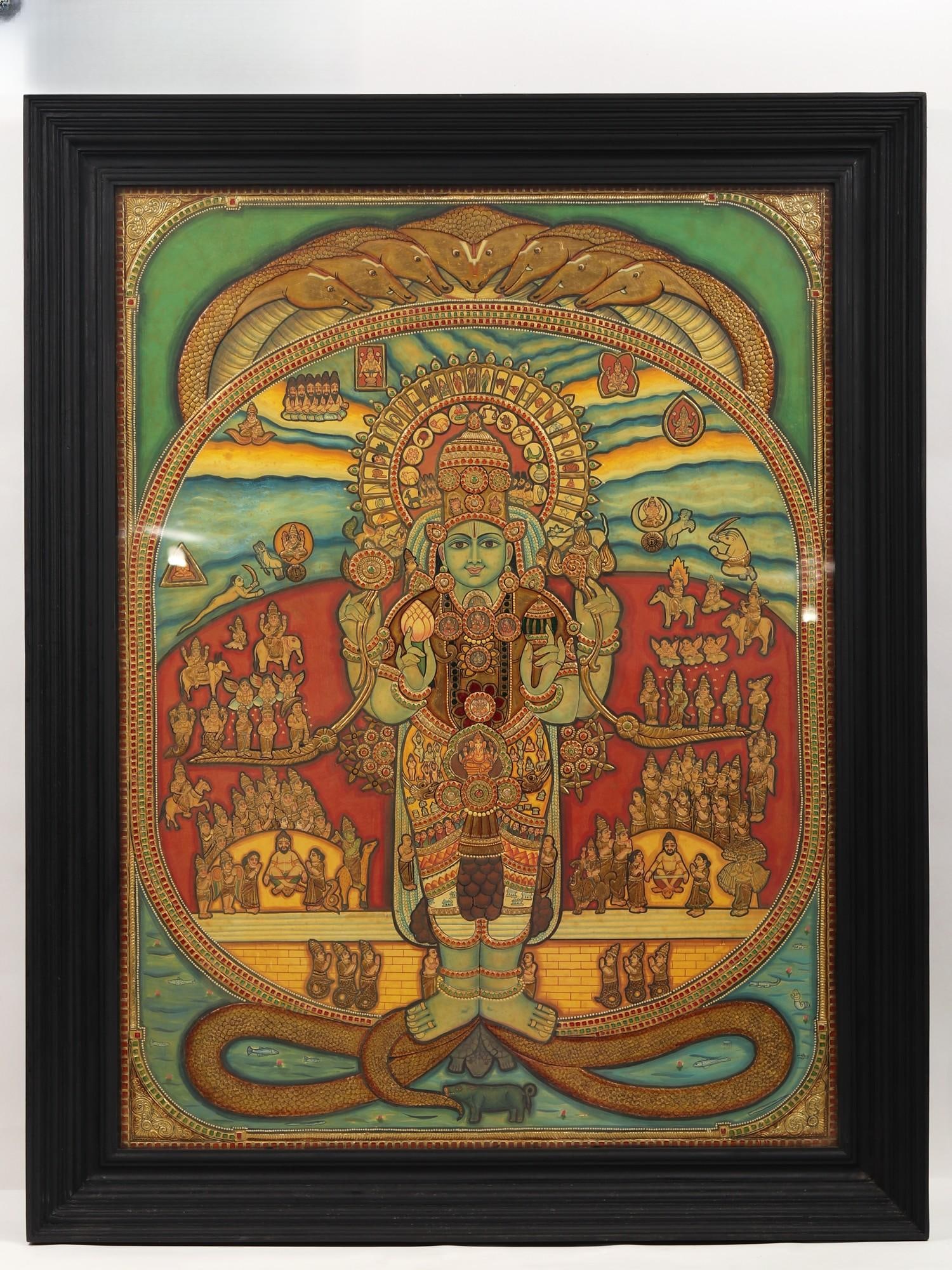 The Cosmic Form of Lord Krishna (Vishvarupam) | Tanjore Painting with Frame: Title: The Cosmic Form of Lord Krishna (Vishvarupam) | Tanjore Painting with Frame Description: Tanjore (Thanjavur) Painting Reserve: $5,619.60 Shipping: Domestic: Shipping rates are determined by des