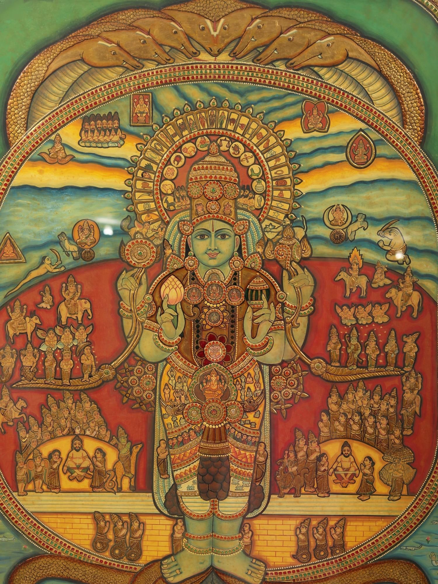 The Cosmic Form of Lord Krishna (Vishvarupam) | Tanjore Painting with Frame - 2