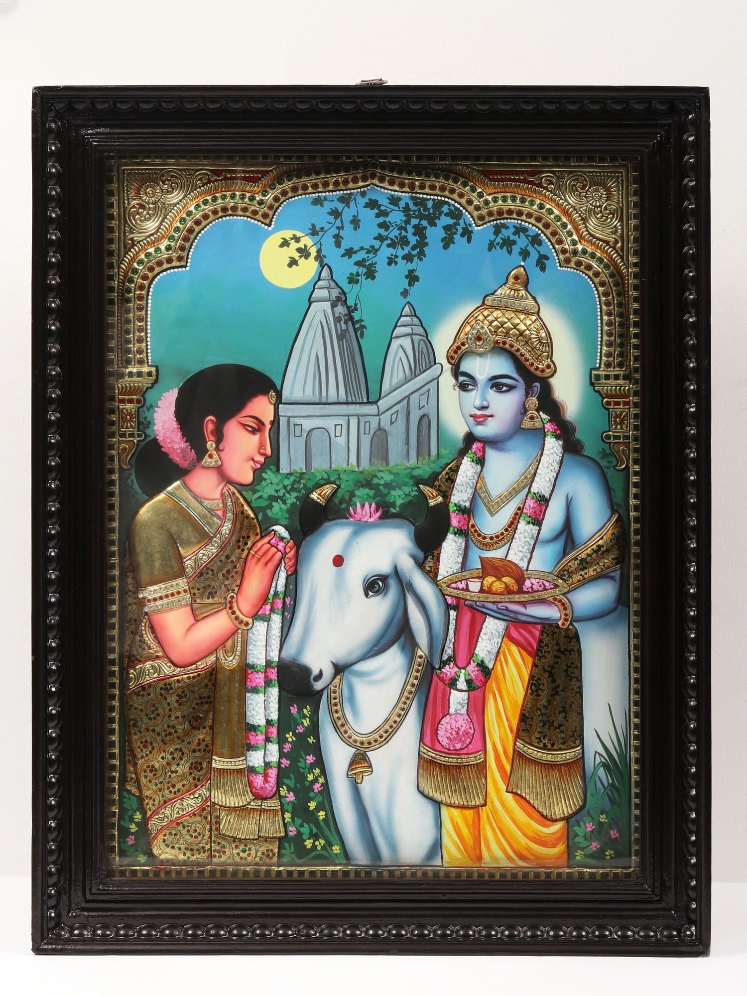 Worshipping the Cow (Gas Mata): Title: Worshipping the Cow (Gas Mata) Description: Tanjore (Thanjavur) Painting Reserve: $669.60 Shipping: Domestic: Shipping rates are determined by destination International: Foreign shipping rates 