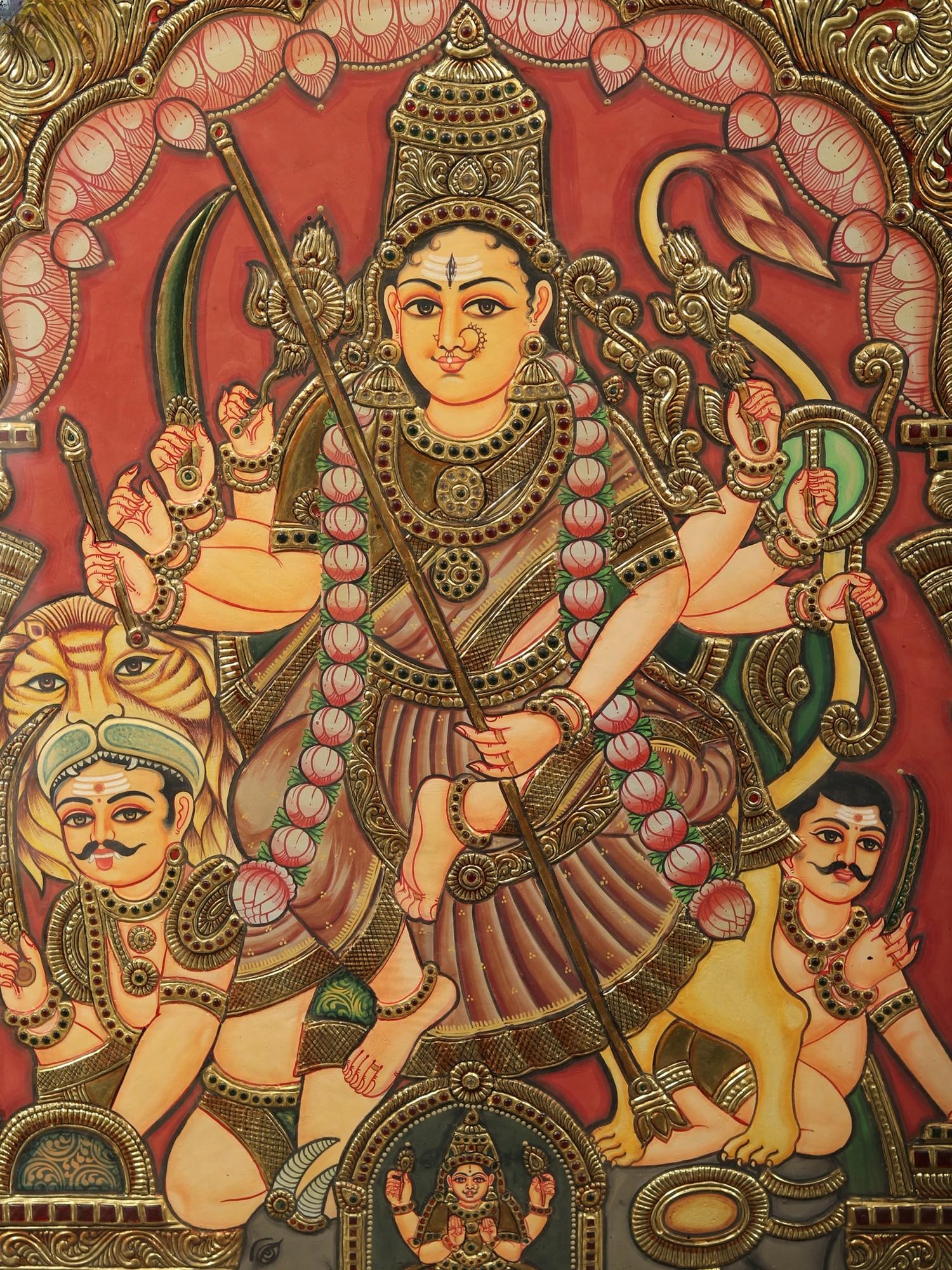 Goddess Durga Tanjore Painting | With Frame - 2