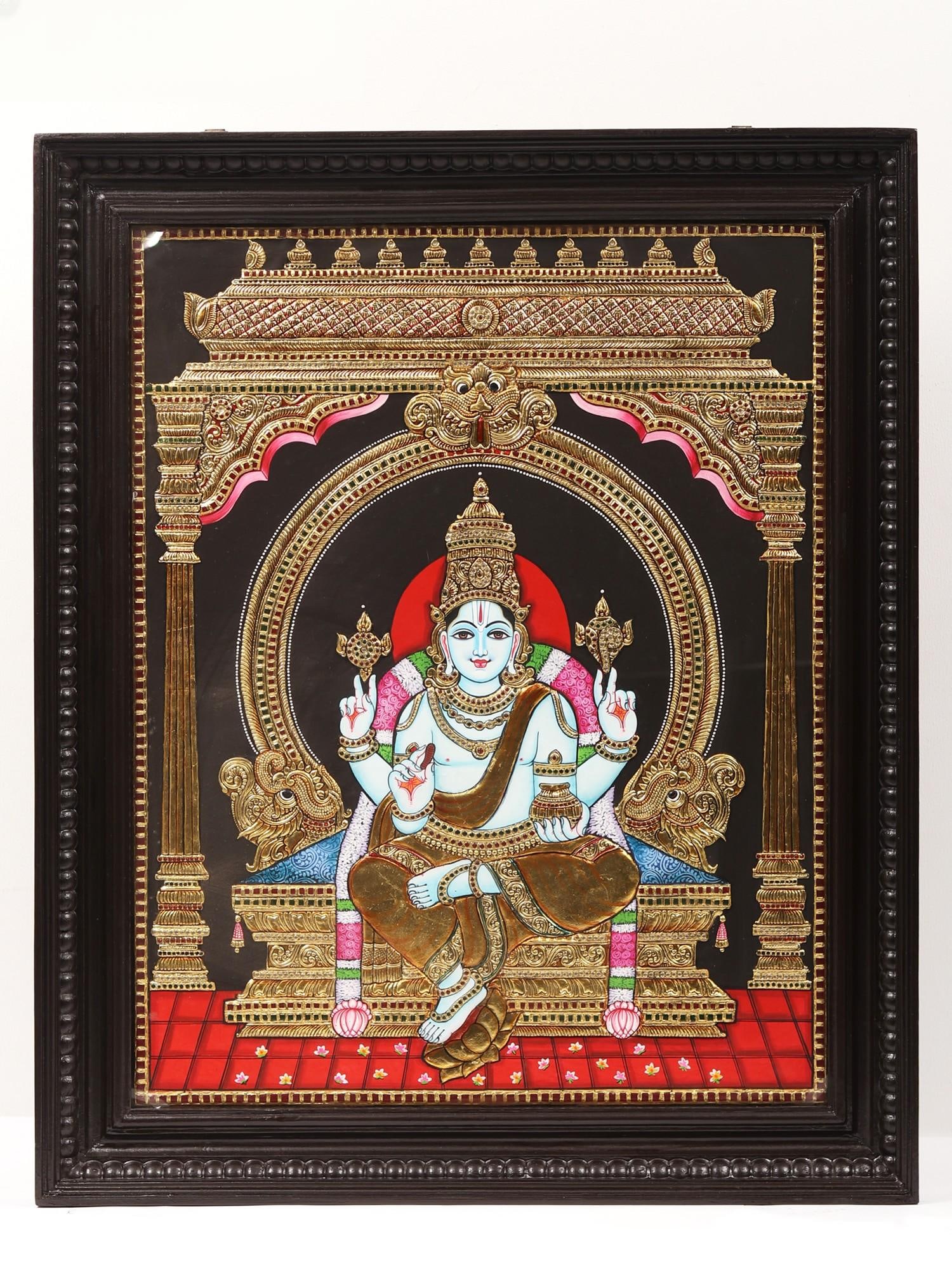 Sitting Lord Dhanvantari Tanjore Painting | With Frame: Title: Sitting Lord Dhanvantari Tanjore Painting | With Frame Description: Tanjore (Thanjavur) Painting Reserve: $1,406.70 Shipping: Domestic: Shipping rates are determined by destination Internationa