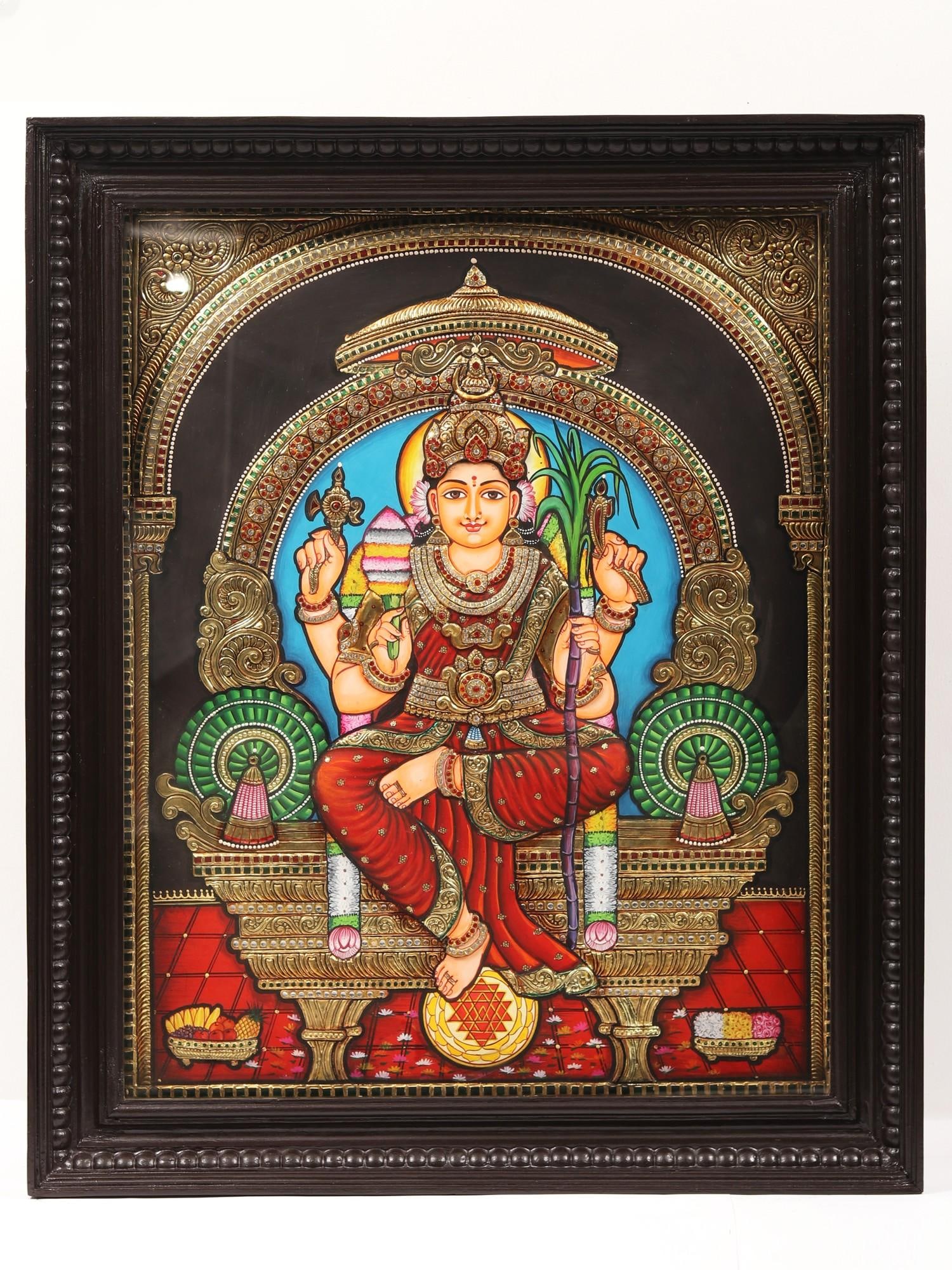 Goddess Rajarajeshvari (Kamakshi) | Tanjore Painting with Frame: Title: Goddess Rajarajeshvari (Kamakshi) | Tanjore Painting with Frame Description: Tanjore (Thanjavur) Painting Reserve: $1,406.70 Shipping: Domestic: Shipping rates are determined by destination Int