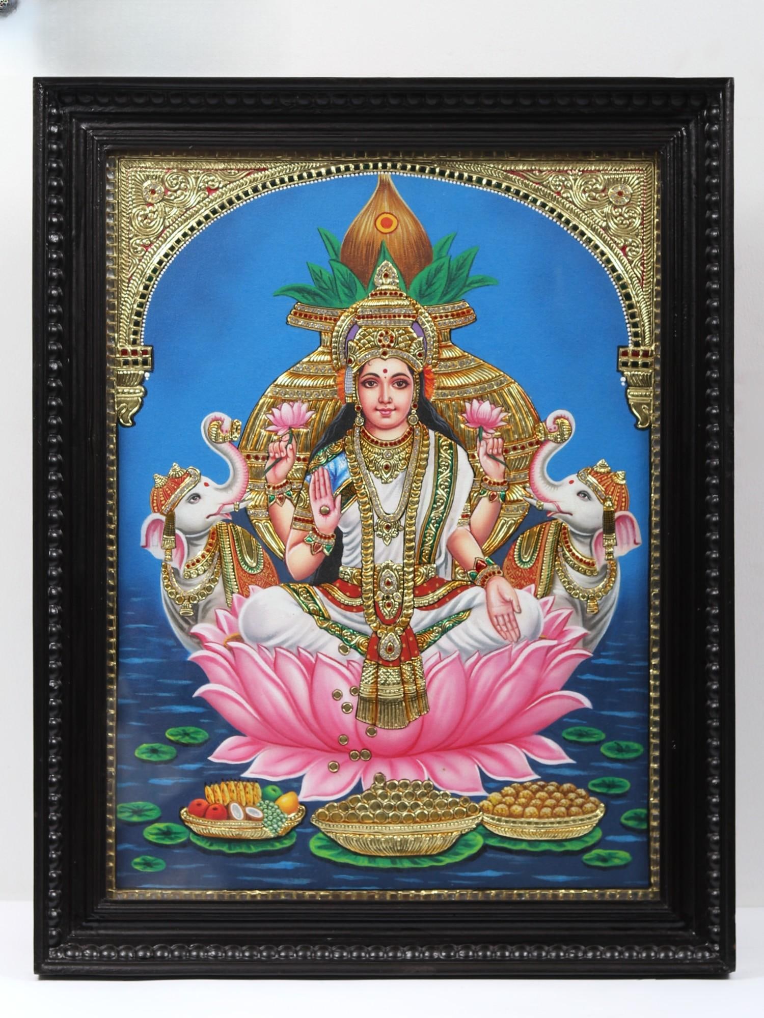 Gaja Lakshmi on Lotus - Embossed Tanjore Painting with Frame | Traditional Colors with Gold Work: Title: Gaja Lakshmi on Lotus - Embossed Tanjore Painting with Frame | Traditional Colors with Gold Work Description: Tanjore (Thanjavur) Painting Reserve: $782.10 Shipping: Domestic: Shipping rates ar