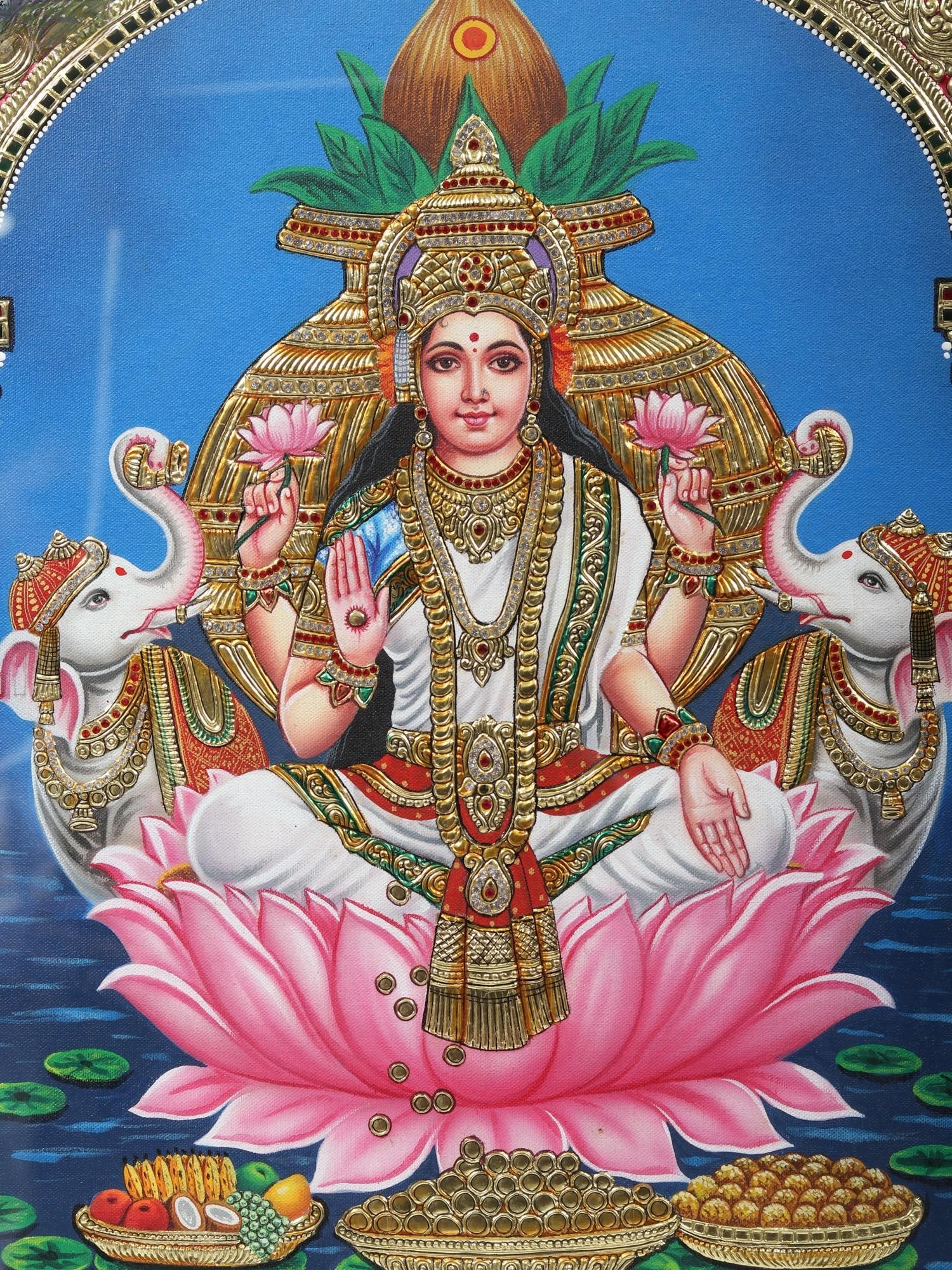 Gaja Lakshmi on Lotus - Embossed Tanjore Painting with Frame | Traditional Colors with Gold Work - 2