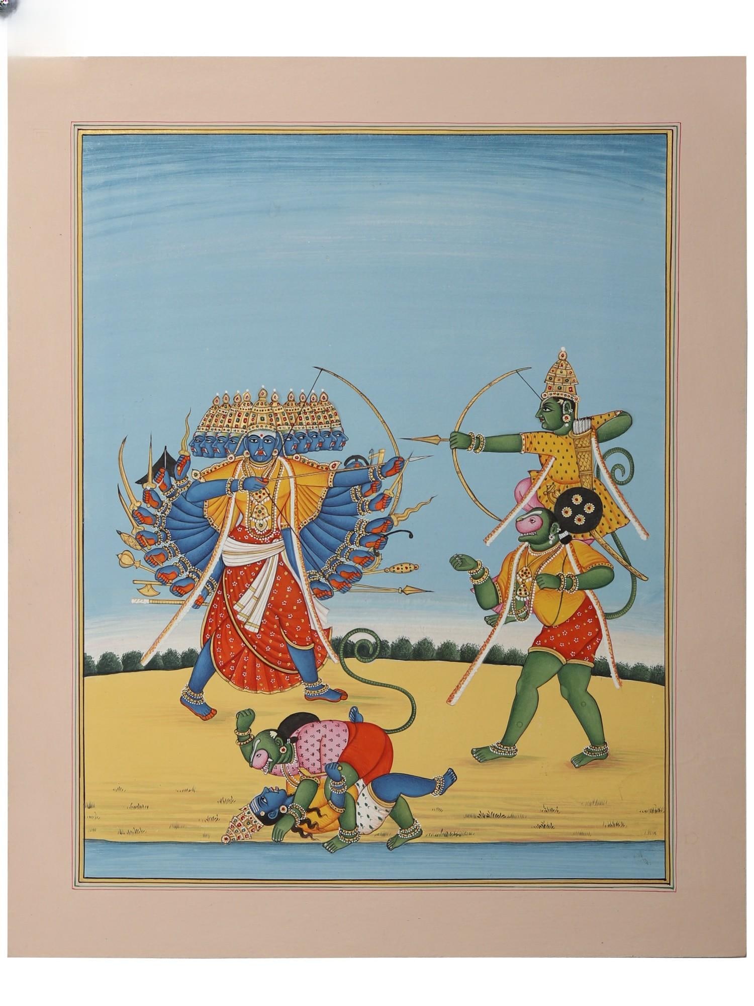 Prabhu Shri Ram Killing Ravana (Dashanan): Title: Prabhu Shri Ram Killing Ravana (Dashanan) Description: Hindu Gods & Goddesses Painting Reserve: $283.50 Shipping: Domestic: Shipping rates are determined by destination International: Foreign