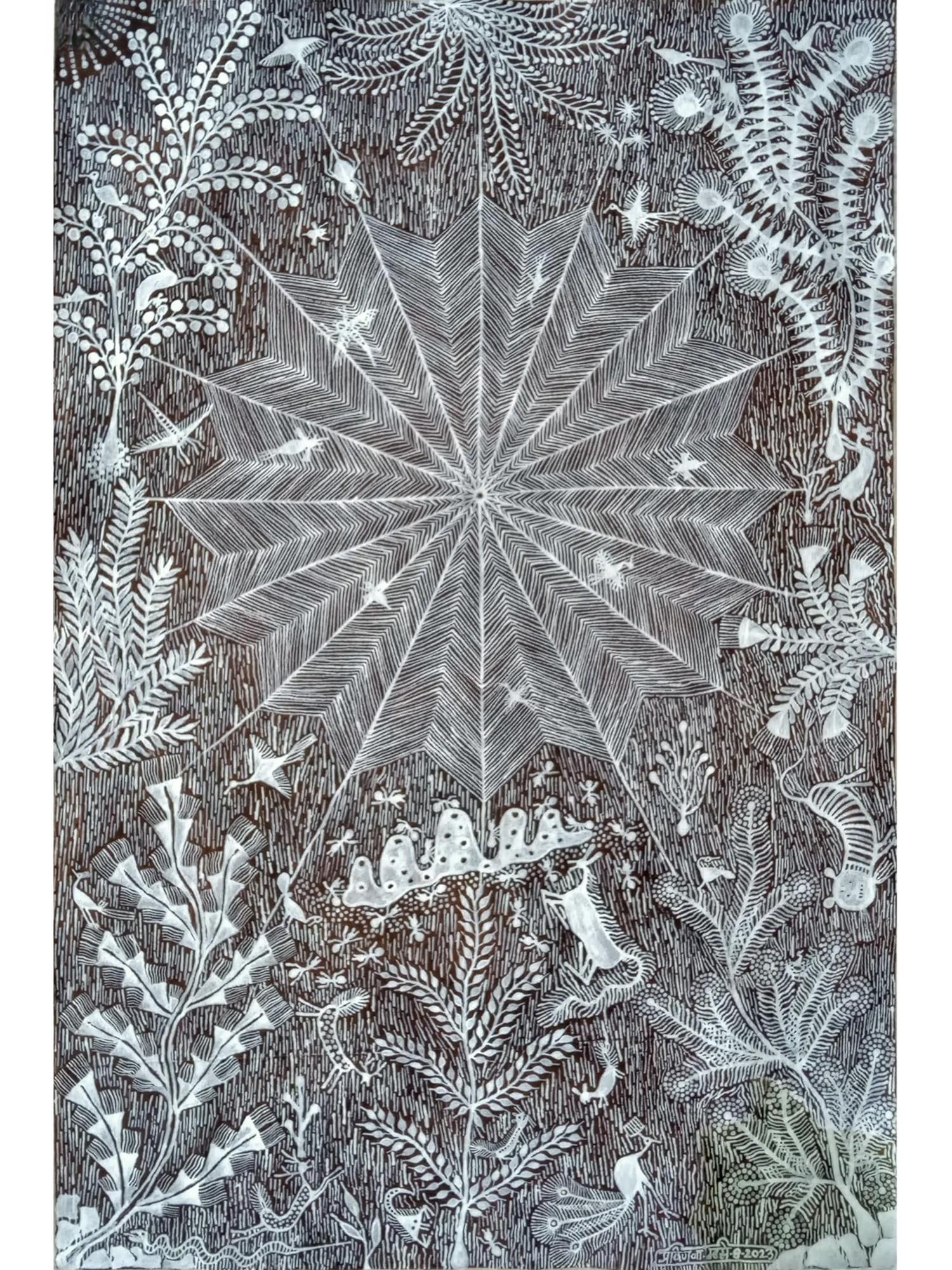 The Web of Life - Tribal Art | Cow Dung and Acrylic on Manjarpat Cloth | By Pravin Mhase (1 of 2)