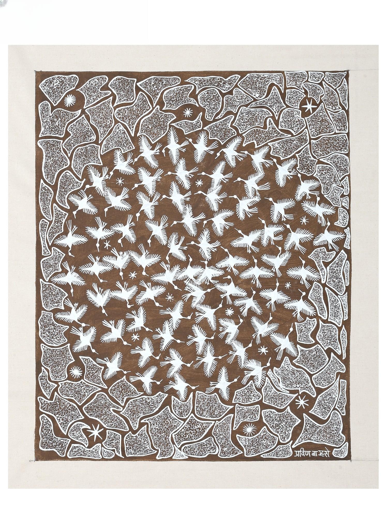Flying Birds In Group - Warli Art | Cow Dung And Acrylic On Manjarpat Cloth | By Pravin Mhase (1 of 2)