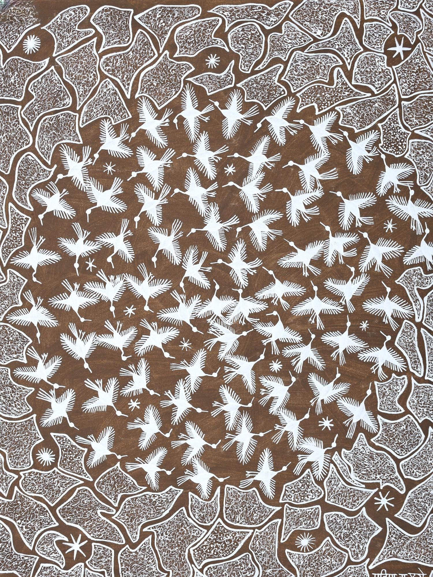 Flying Birds In Group - Warli Art | Cow Dung And Acrylic On Manjarpat Cloth | By Pravin Mhase - 2