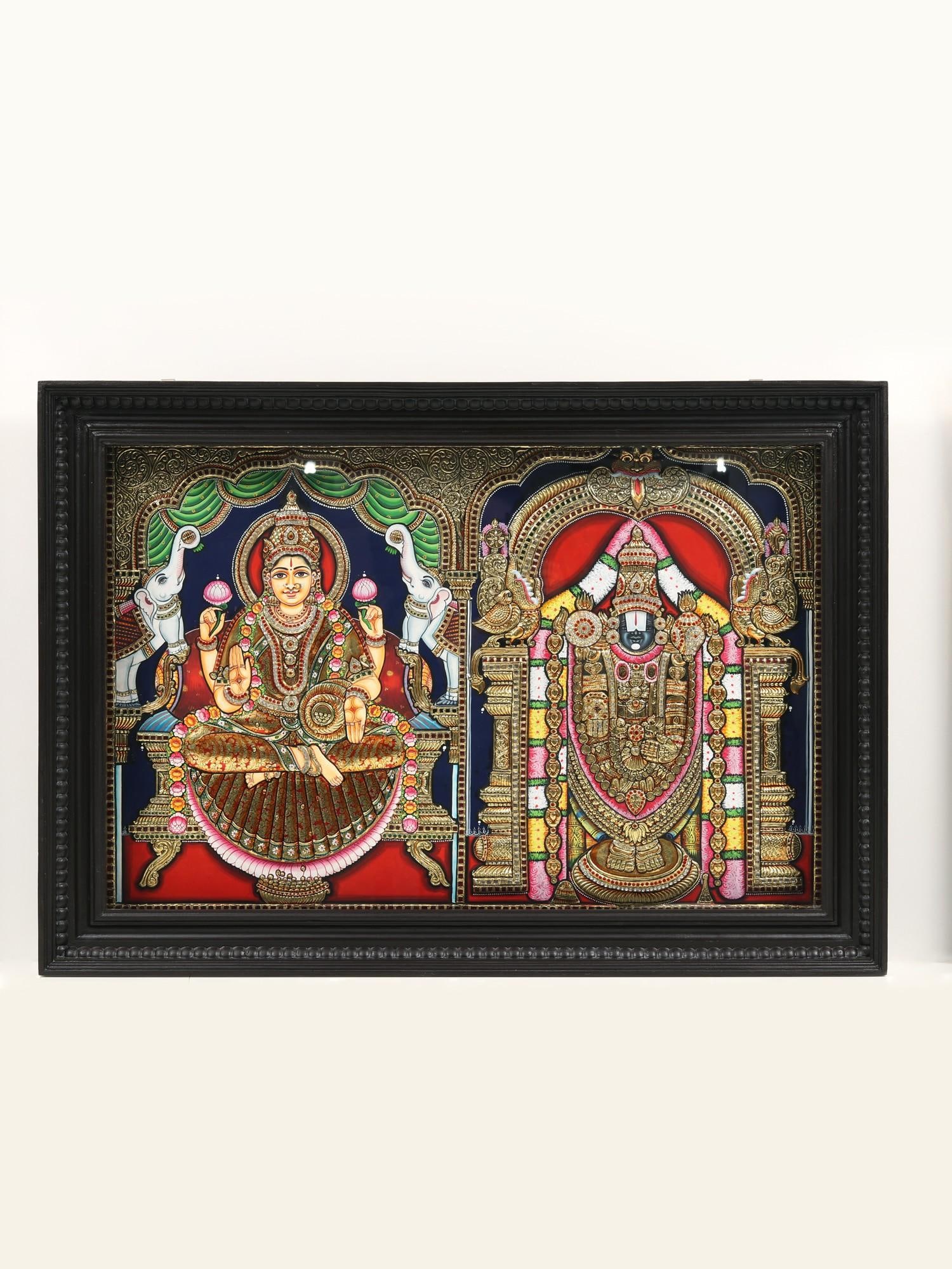 Lord Tirupati Balaji (Venkateshvara) with Goddess Gajalakshmi | Embossed Tanjore Painting: Title: Lord Tirupati Balaji (Venkateshvara) with Goddess Gajalakshmi | Embossed Tanjore Painting Description: Tanjore (Thanjavur) Painting Reserve: $1,794.60 Shipping: Domestic: Shipping rates are