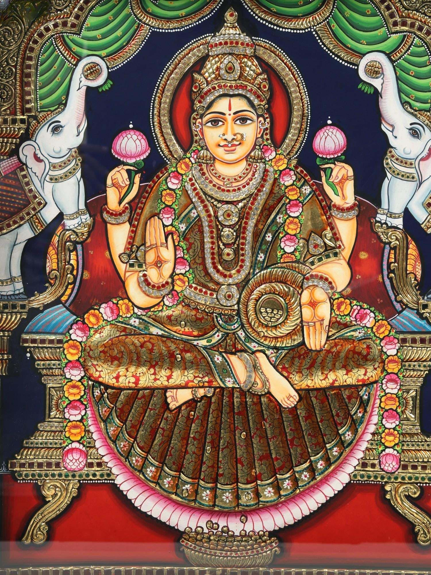 Lord Tirupati Balaji (Venkateshvara) with Goddess Gajalakshmi | Embossed Tanjore Painting - 2