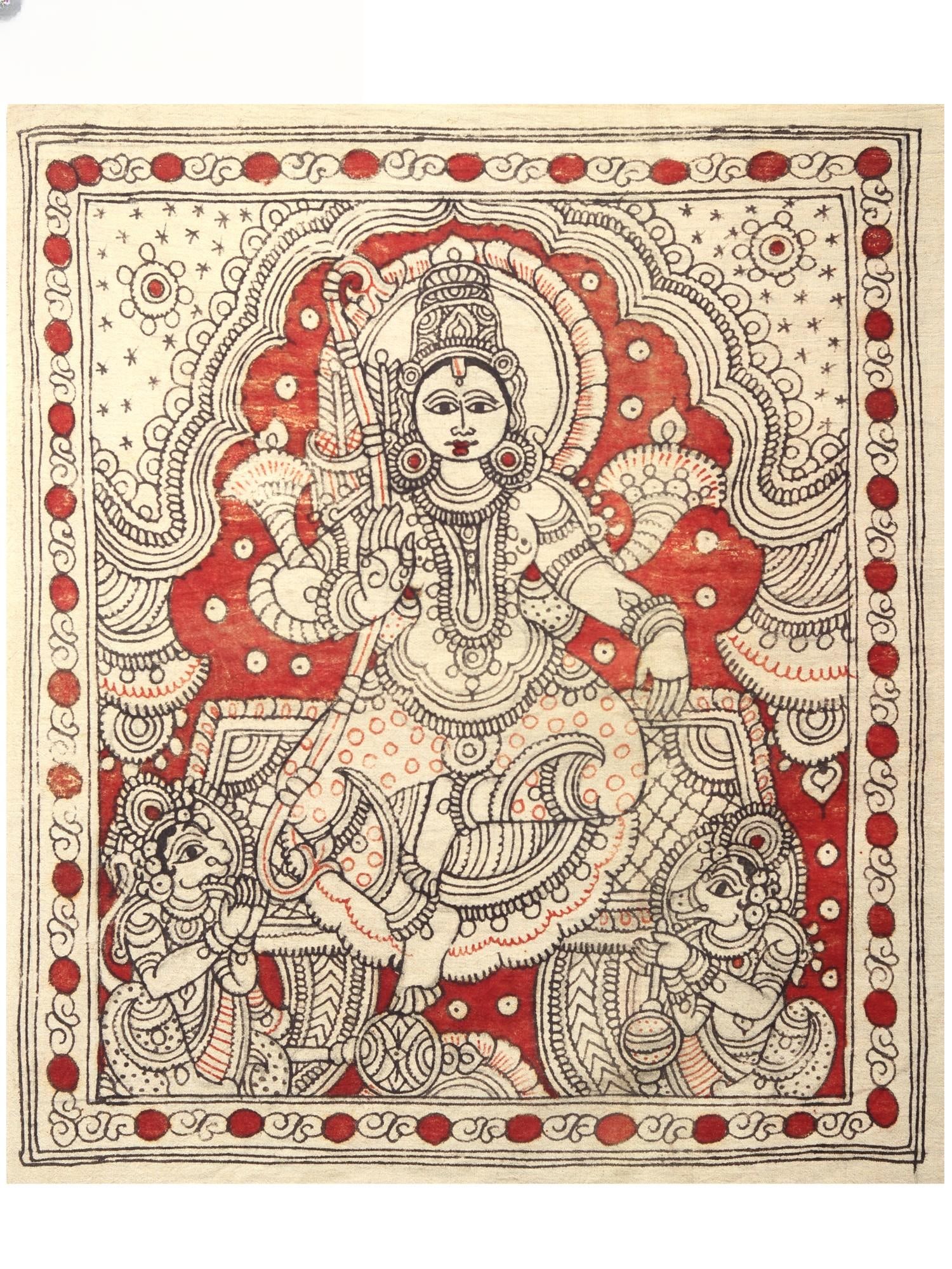 Shri Ram | Kalamkari Painting on Cotton: Title: Shri Ram | Kalamkari Painting on Cotton Description: Folk Paintings Reserve: $88.20 Shipping: Domestic: Shipping rates are determined by destination International: Foreign shipping rates are de