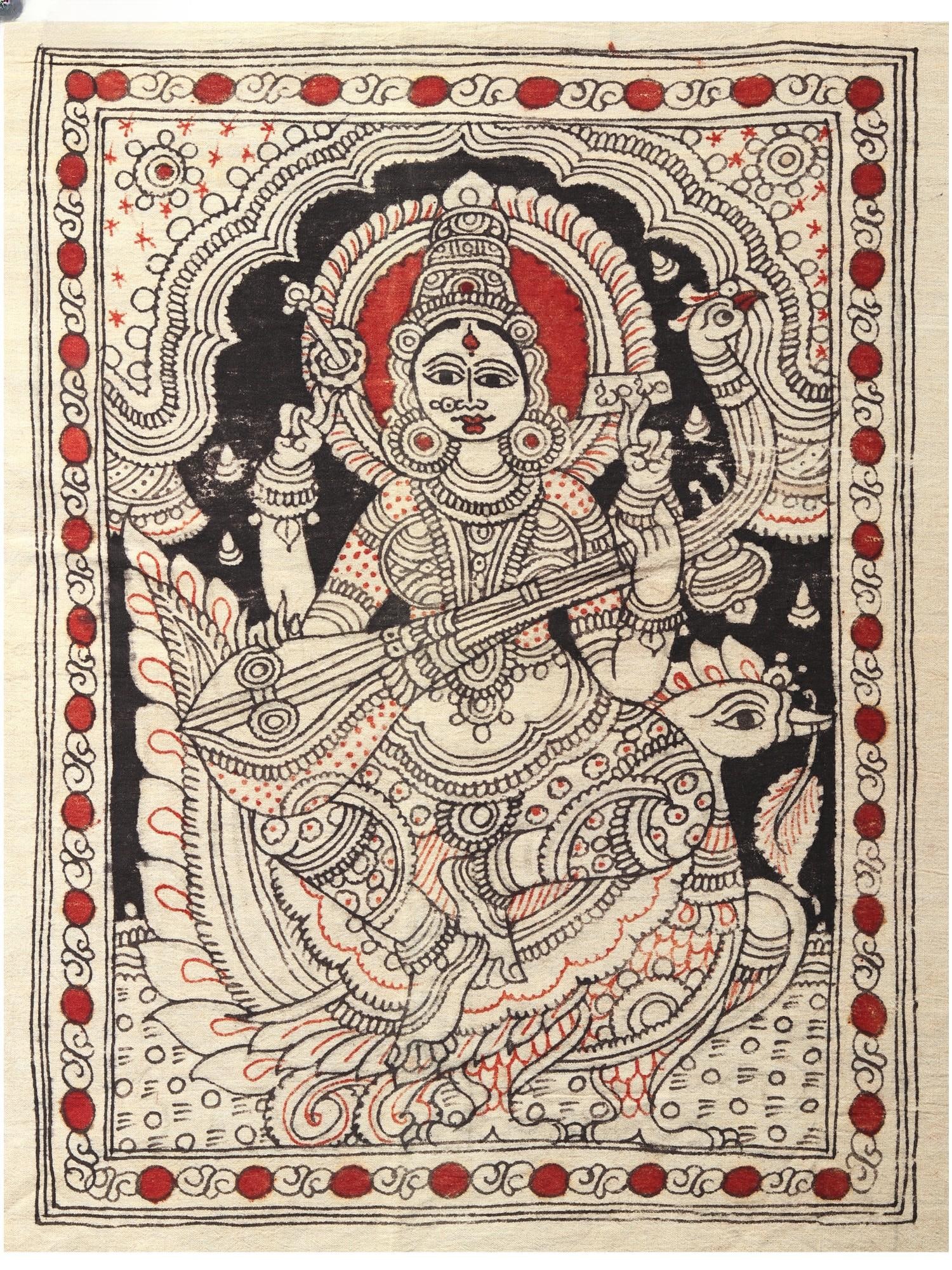 Goddess Saraswati | Kalamkari Painting on Cotton: Title: Goddess Saraswati | Kalamkari Painting on Cotton Description: Folk Paintings Reserve: $88.20 Shipping: Domestic: Shipping rates are determined by destination International: Foreign shipping rat