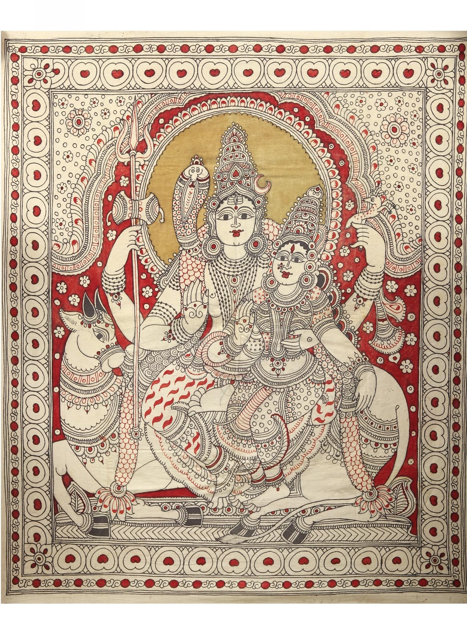 Shiva Parvati Seated on Nandi | Kalamkari Painting: Title: Shiva Parvati Seated on Nandi | Kalamkari Painting Description: Folk Paintings Reserve: $263.70 Shipping: Domestic: Shipping rates are determined by destination International: Foreign shipping 