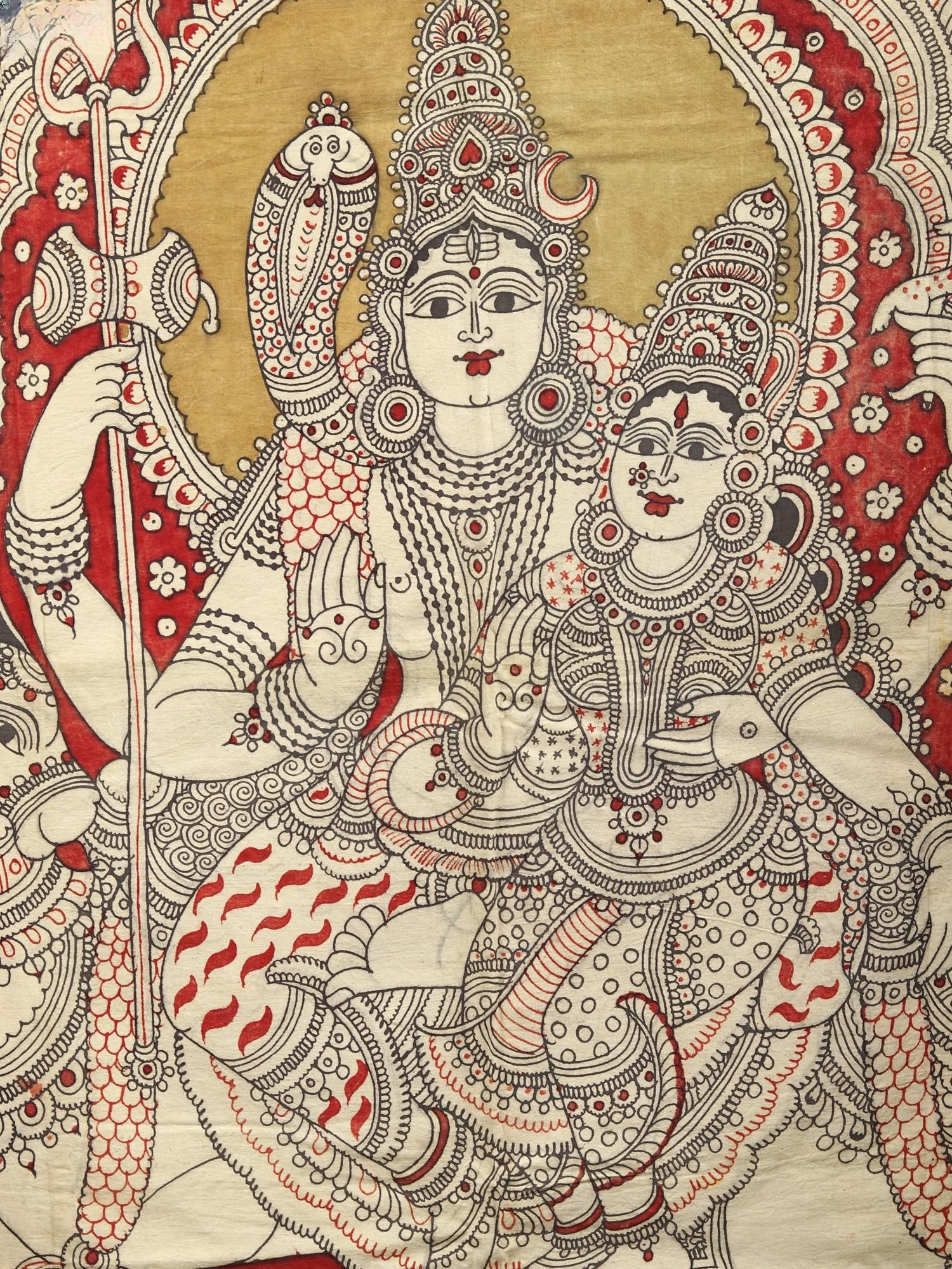 Shiva Parvati Seated on Nandi | Kalamkari Painting - 2