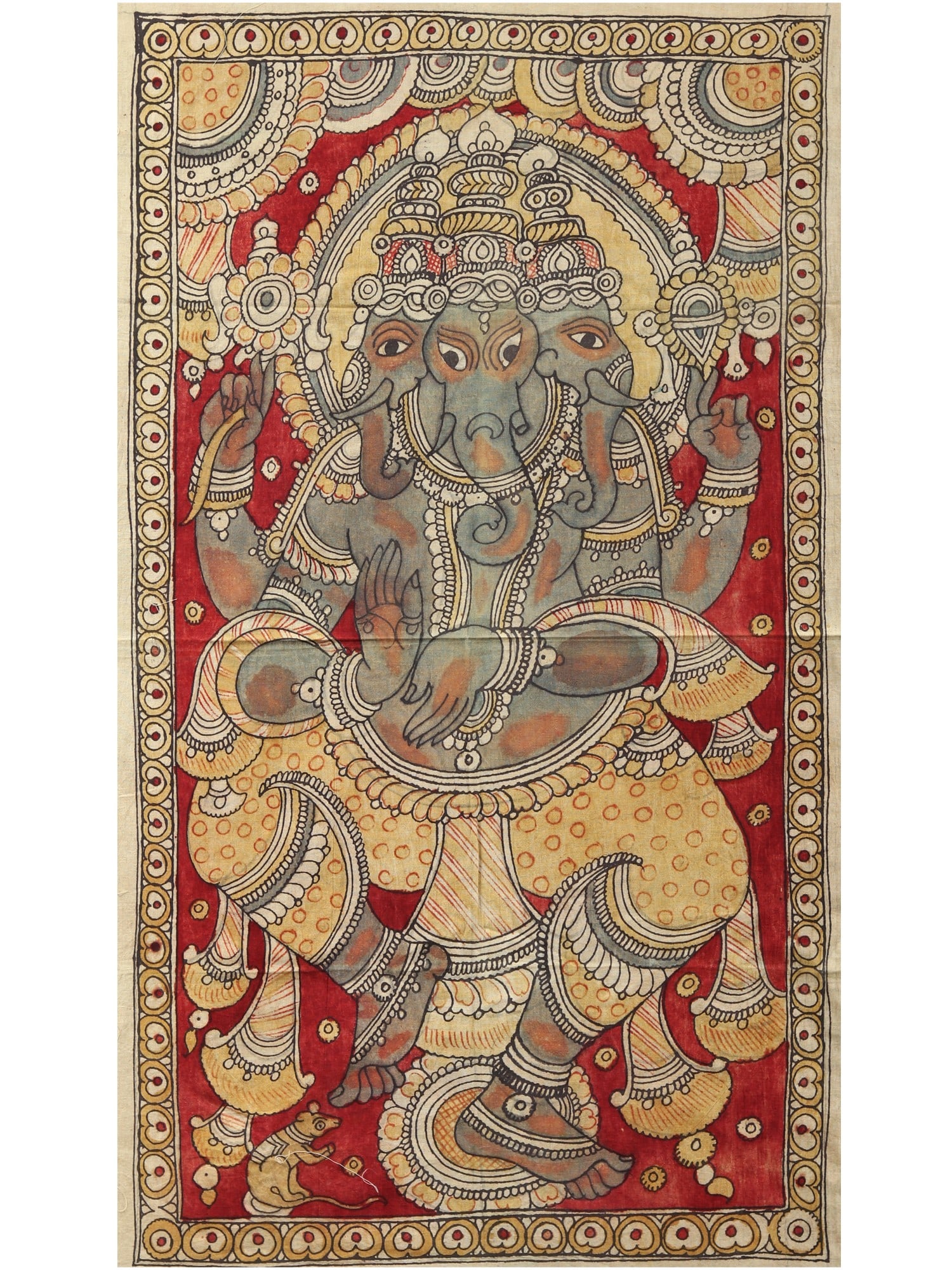 Three Heads Dancing Lord Ganesha | Kalamkari Painting: Title: Three Heads Dancing Lord Ganesha | Kalamkari Painting Description: Folk Paintings Reserve: $129.60 Shipping: Domestic: Shipping rates are determined by destination International: Foreign shippi