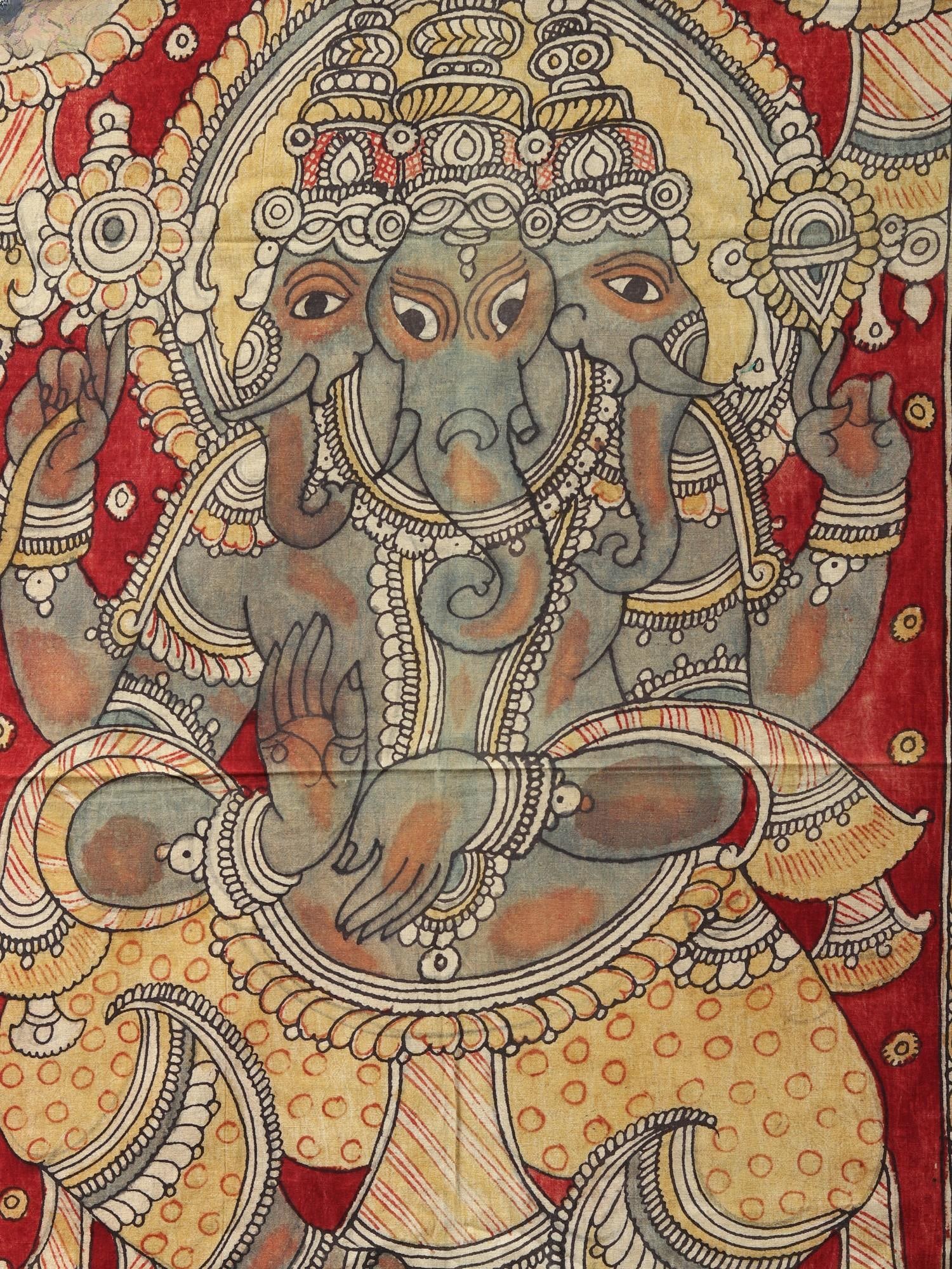 Three Heads Dancing Lord Ganesha | Kalamkari Painting - 2
