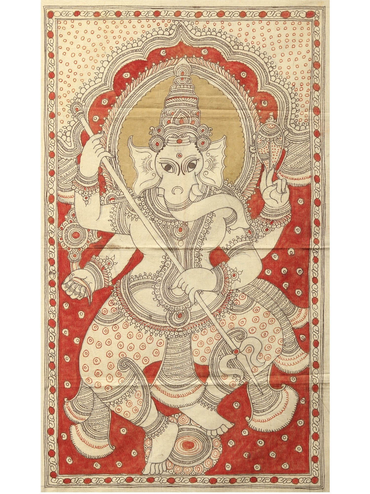 Four Armed Dancing Lord Ganesha | Kalamkari Painting: Title: Four Armed Dancing Lord Ganesha | Kalamkari Painting Description: Folk Paintings Reserve: $129.60 Shipping: Domestic: Shipping rates are determined by destination International: Foreign shippin