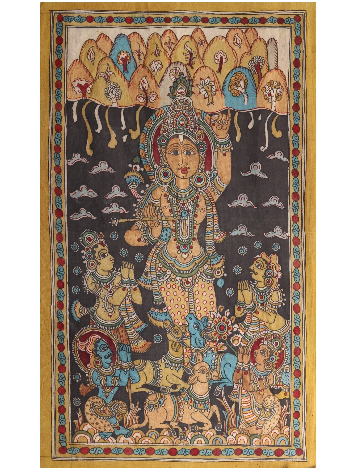 Lord Krishna Lifts Mount Govardhan on his Little Finger | Kalamkari Painting: Title: Lord Krishna Lifts Mount Govardhan on his Little Finger | Kalamkari Painting Description: Folk Paintings Reserve: $180.90 Shipping: Domestic: Shipping rates are determined by destination Intern
