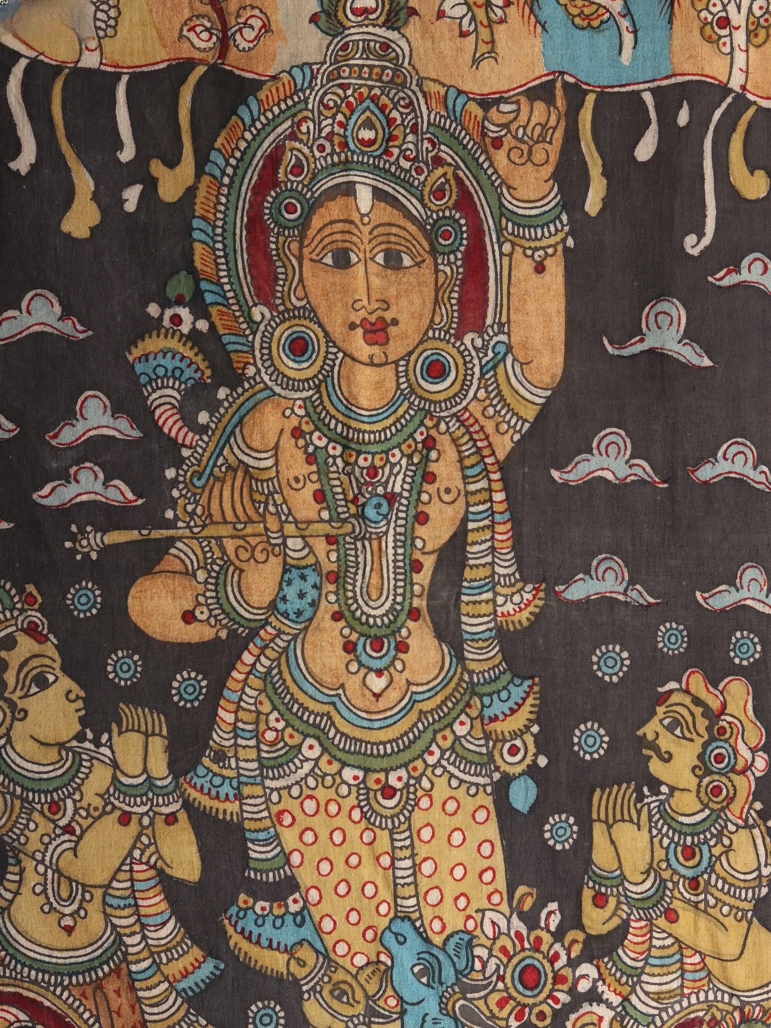 Lord Krishna Lifts Mount Govardhan on his Little Finger | Kalamkari Painting - 2