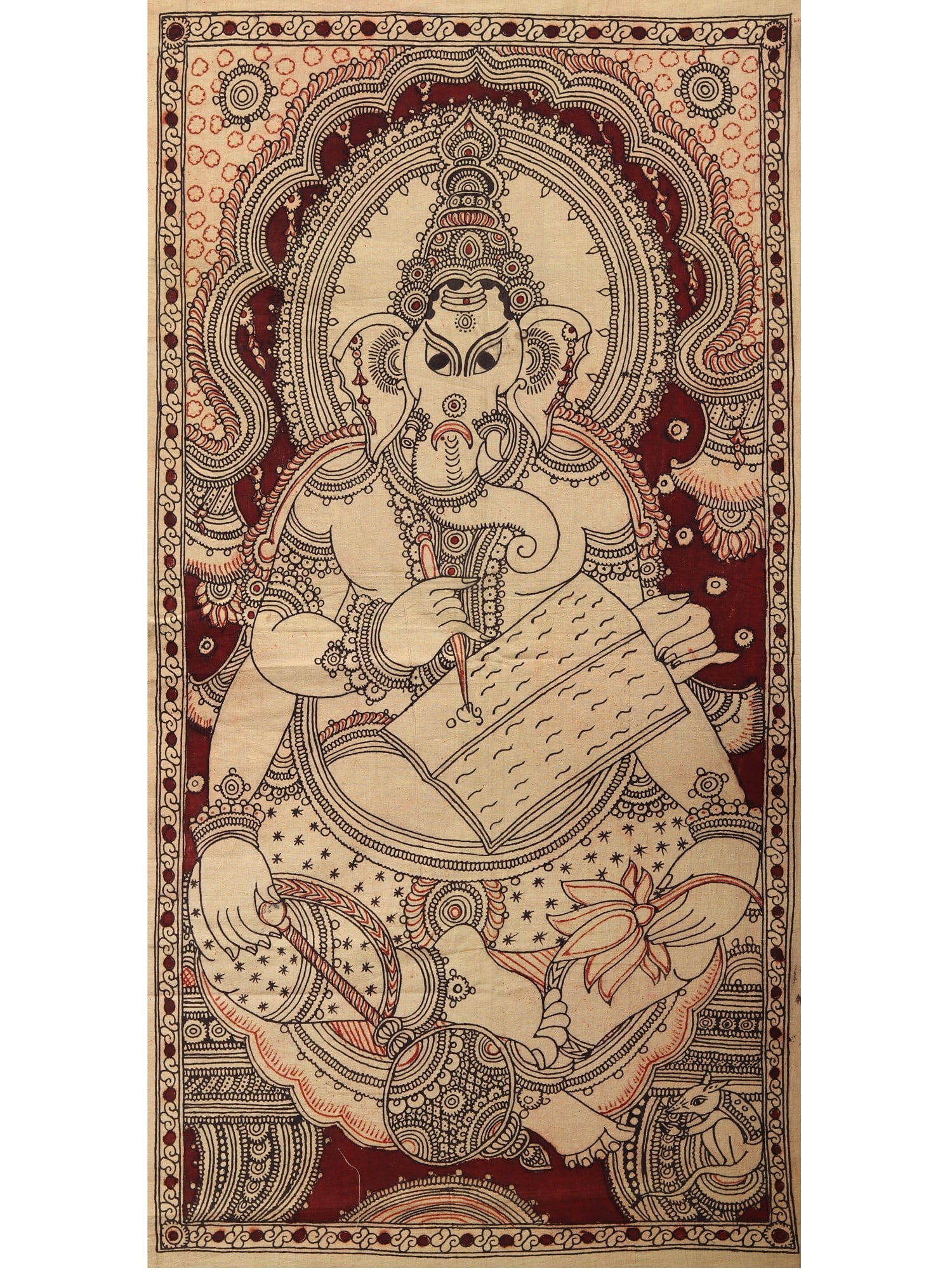 Bhagawan Ganapati Writing The Mahabharata | Kalamkari Painting: Title: Bhagawan Ganapati Writing The Mahabharata | Kalamkari Painting Description: Folk Paintings Reserve: $102.60 Shipping: Domestic: Shipping rates are determined by destination International: