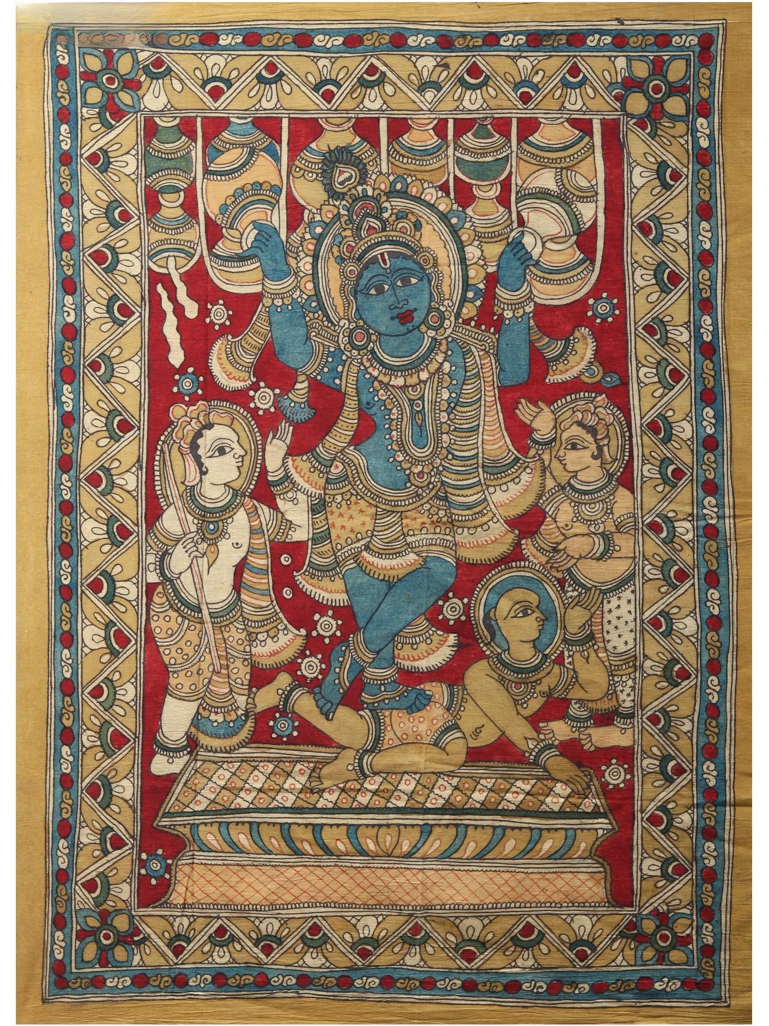 Makhan Chor Krishna Stealing Butter with Friends | Kalamkari Painting (1 of 2)
