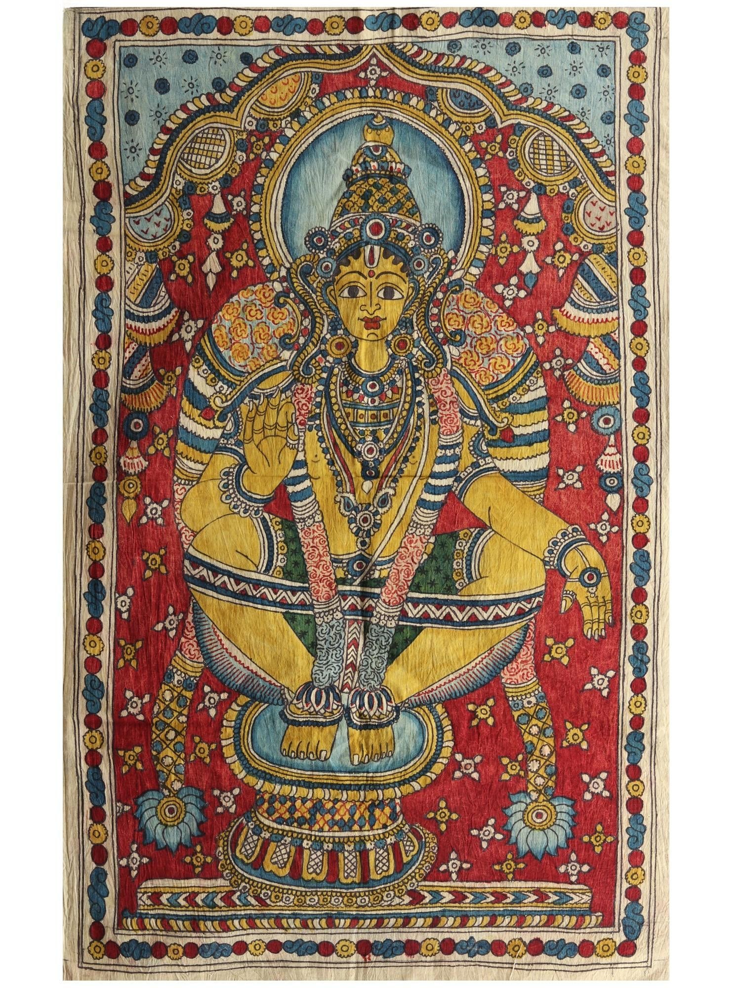 Lord Ayyappan | Kalamkari Painting: Title: Lord Ayyappan | Kalamkari Painting Description: Folk Paintings Reserve: $118.80 Shipping: Domestic: Shipping rates are determined by destination International: Foreign shipping rates are determ