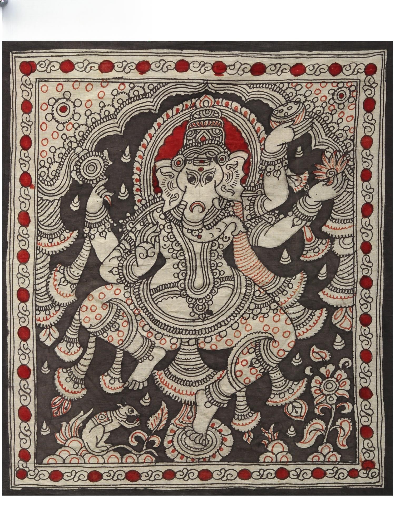 Four Armed Dancing Lord Ganesha | Kalamkari Painting: Title: Four Armed Dancing Lord Ganesha | Kalamkari Painting Description: Folk Paintings Reserve: $82.80 Shipping: Domestic: Shipping rates are determined by destination International: Foreign shipping