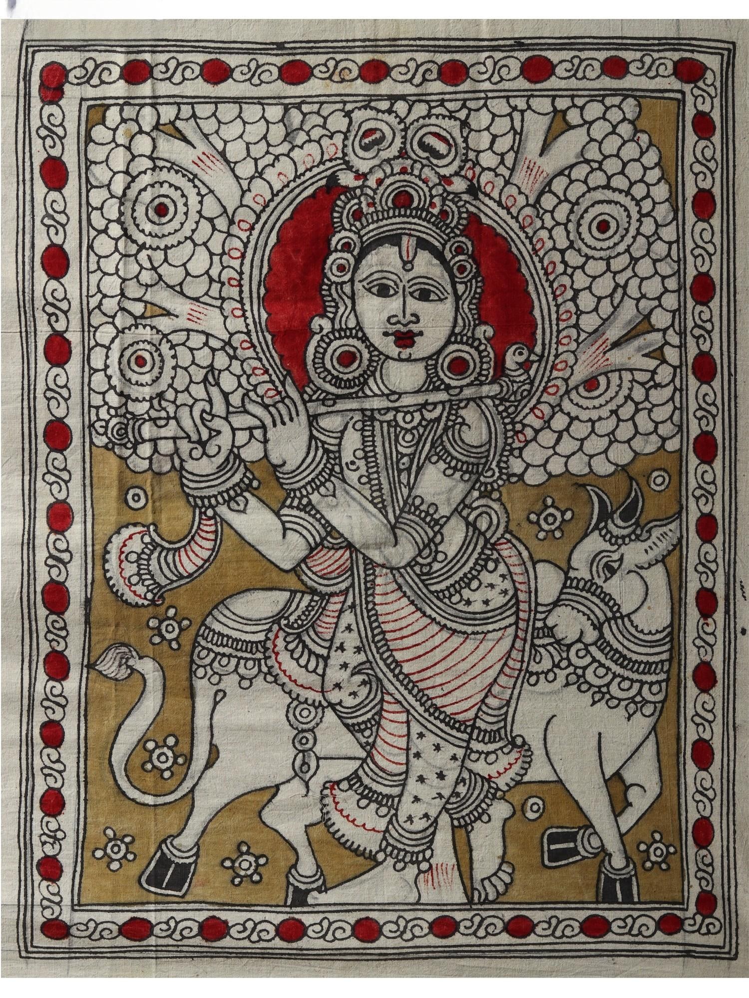Venugopala Krishna | Kalamkari Painting: Title: Venugopala Krishna | Kalamkari Painting Description: Folk Paintings Reserve: $88.20 Shipping: Domestic: Shipping rates are determined by destination International: Foreign shipping rates are de