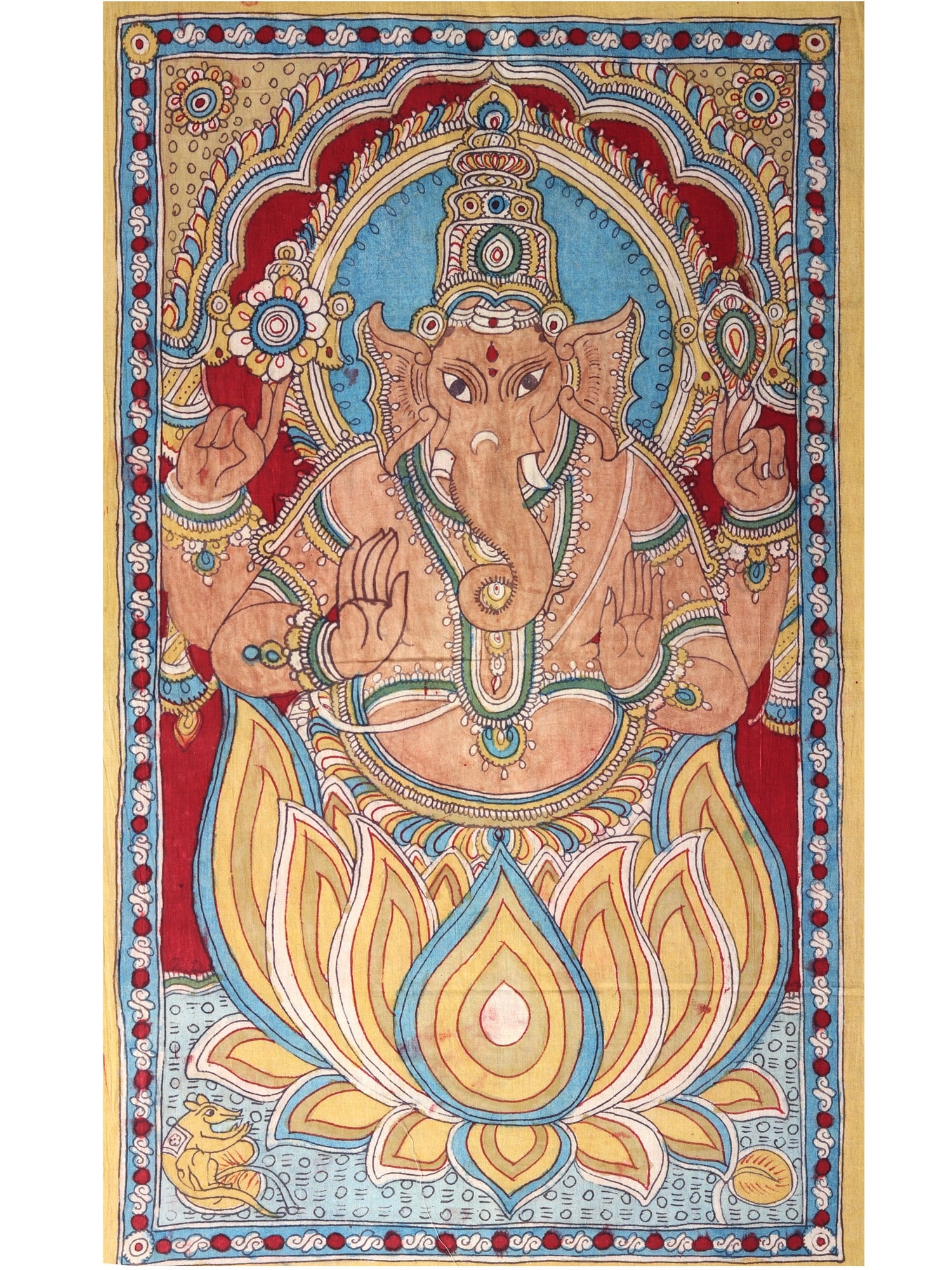Chaturbhuja Ganesha Seated on Lotus | Kalamkari Painting: Title: Chaturbhuja Ganesha Seated on Lotus | Kalamkari Painting Description: Folk Paintings Reserve: $102.60 Shipping: Domestic: Shipping rates are determined by destination International: Foreign shi