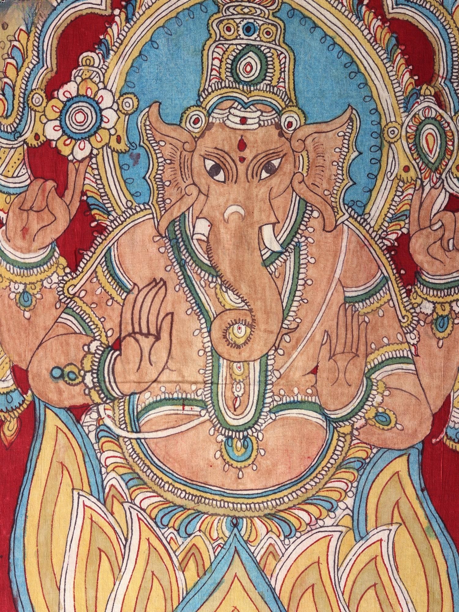 Chaturbhuja Ganesha Seated on Lotus | Kalamkari Painting - 2
