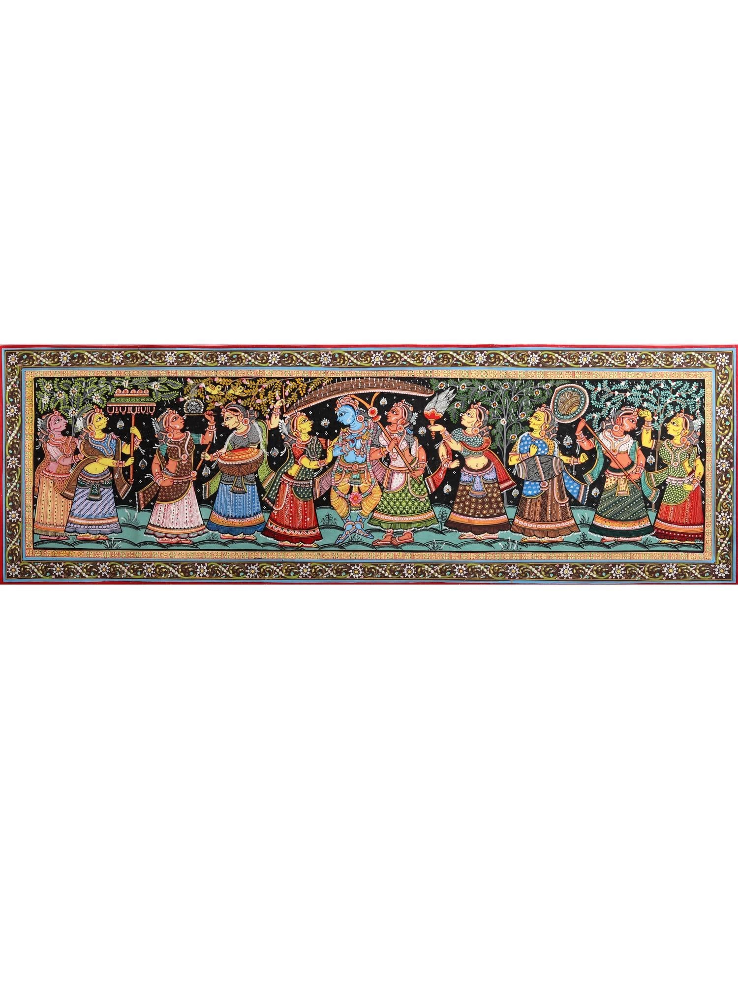 Krishna with Gopis | Patachitra Painting: Title: Krishna with Gopis | Patachitra Painting Description: Folk Paintings Reserve: $263.70 Shipping: Domestic: Shipping rates are determined by destination International: Foreign shipping rates are 