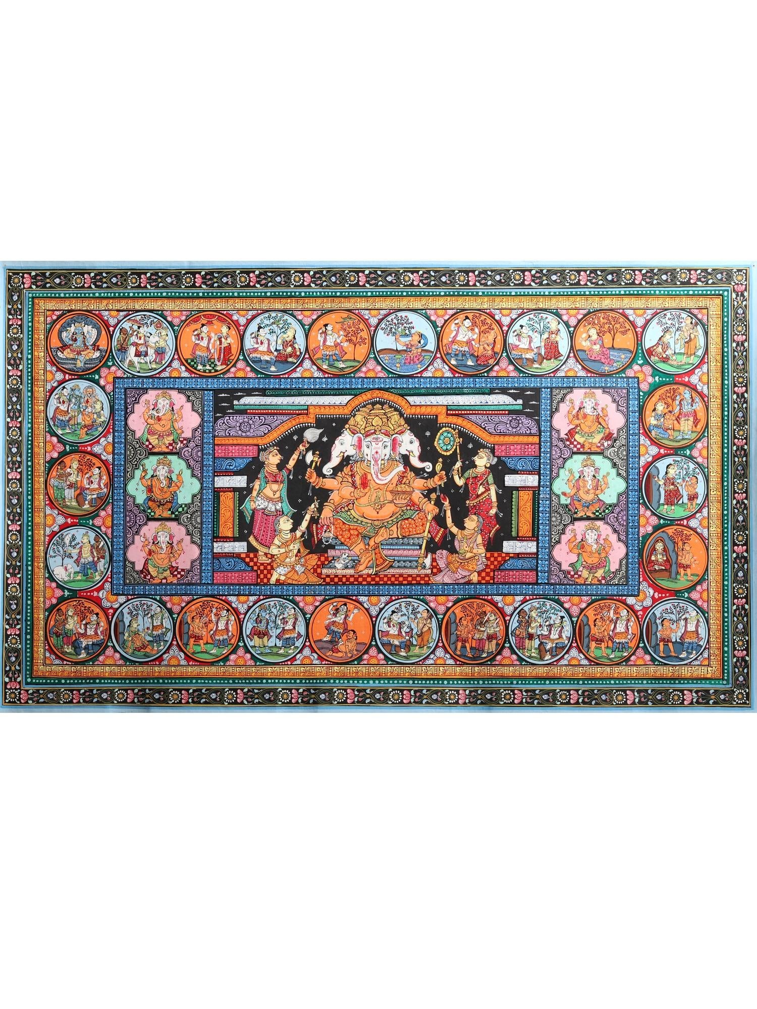 Lord Ganesha's Life Story | Patachitra Painting: Title: Lord Ganesha's Life Story | Patachitra Painting Description: Folk Paintings Reserve: $444.60 Shipping: Domestic: Shipping rates are determined by destination International: Foreign shipping rat