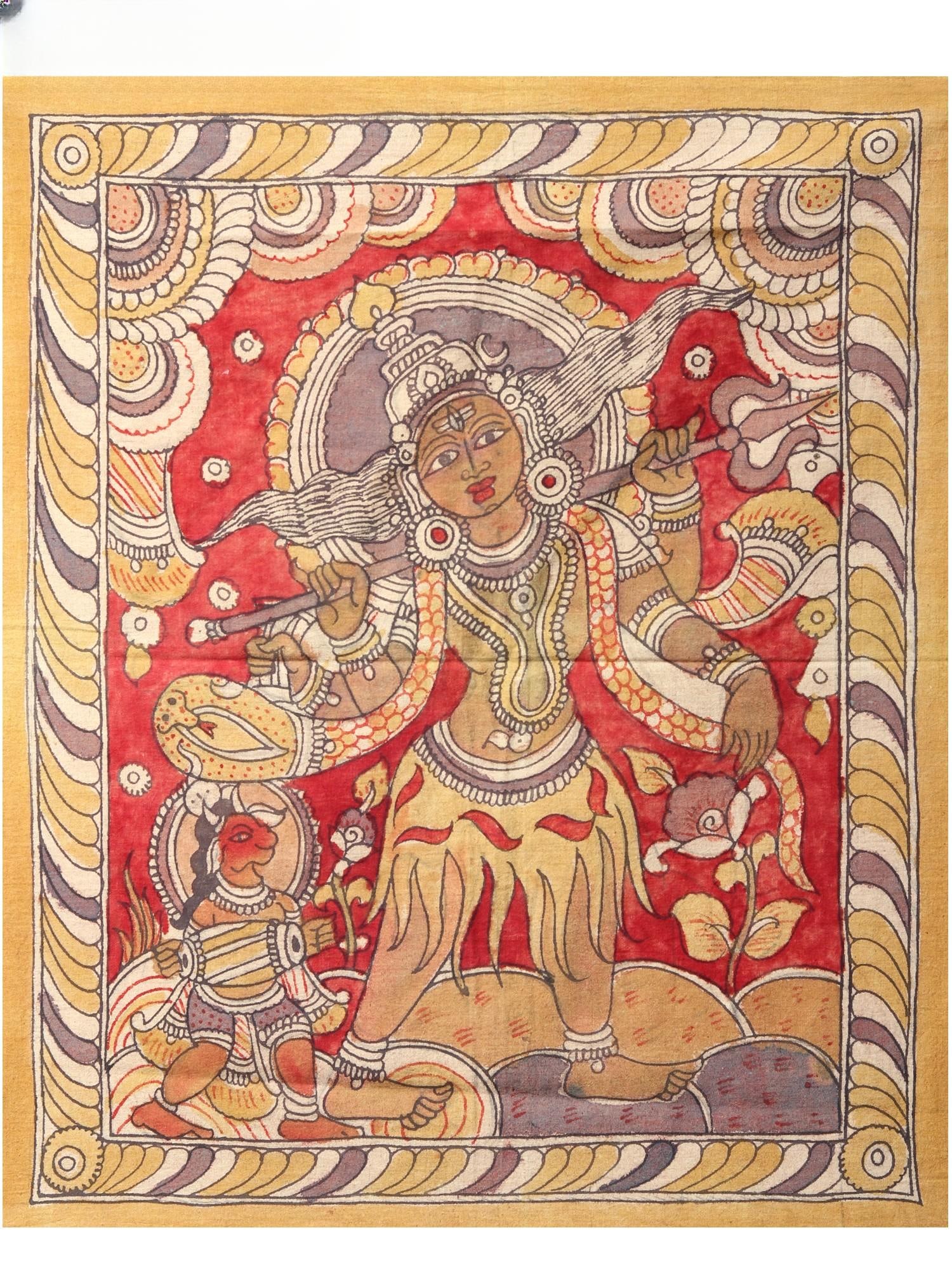 Lord Shiva Dancing and Nandi Playing Dholak | Kalamkari Painting: Title: Lord Shiva Dancing and Nandi Playing Dholak | Kalamkari Painting Description: Folk Paintings Reserve: $88.20 Shipping: Domestic: Shipping rates are determined by destination International: Fore