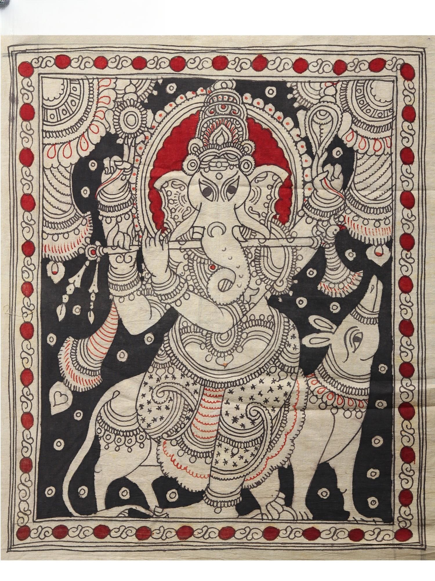 Lord Ganesha Playing Flute with Mooshak | Kalamkari Painting: Title: Lord Ganesha Playing Flute with Mooshak | Kalamkari Painting Description: Folk Paintings Reserve: $88.20 Shipping: Domestic: Shipping rates are determined by destination International: Foreign 