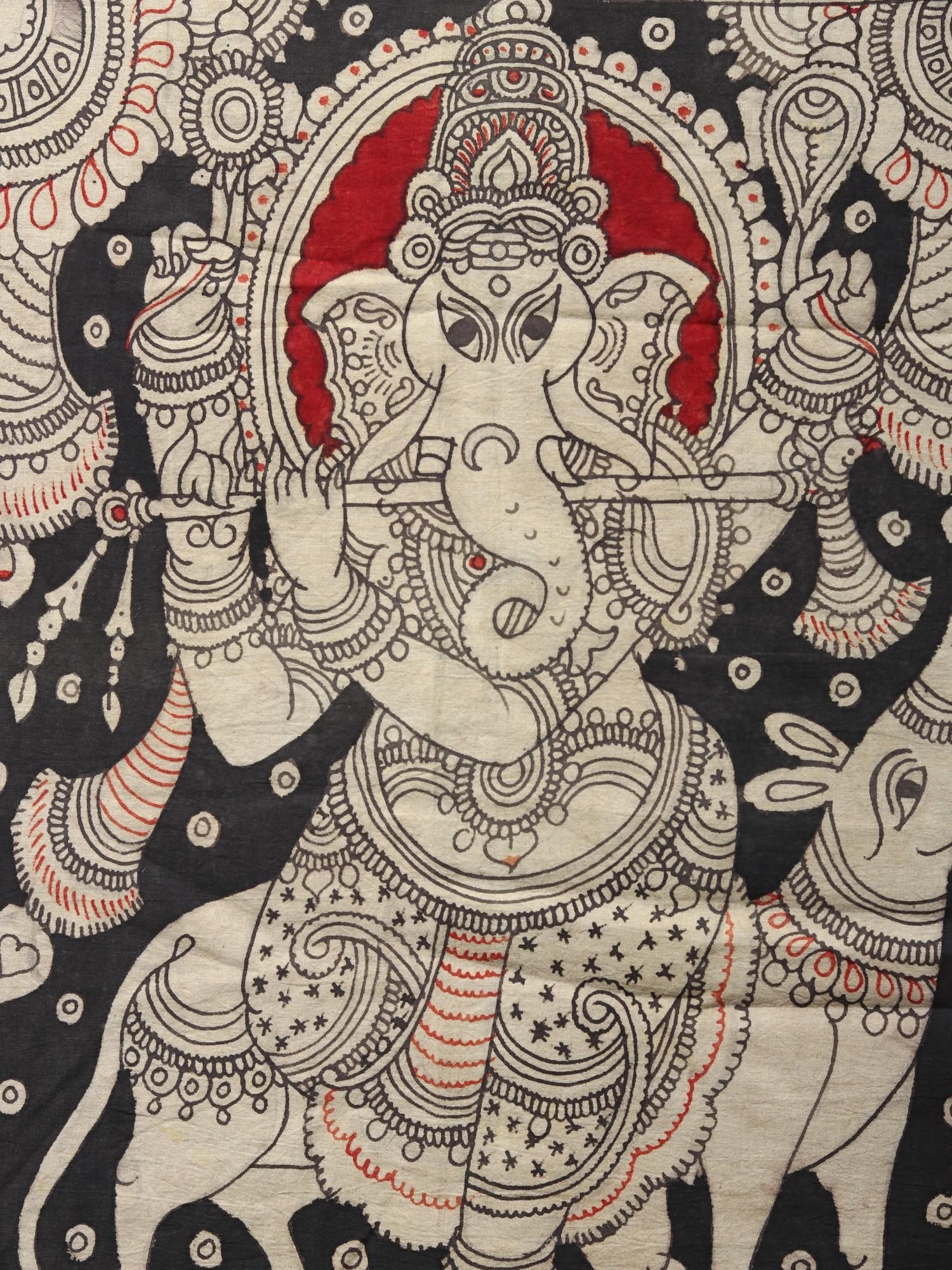 Lord Ganesha Playing Flute with Mooshak | Kalamkari Painting - 2