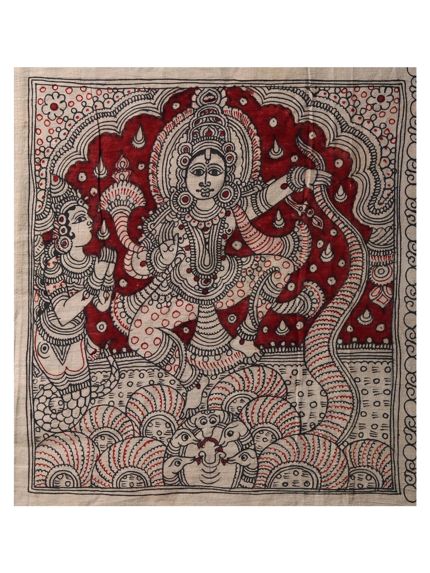 Bhagawan Krishna Dancing on Kaliya Naag | Kalamkari Painting: Title: Bhagawan Krishna Dancing on Kaliya Naag | Kalamkari Painting Description: Folk Paintings Reserve: $77.40 Shipping: Domestic: Shipping rates are determined by destination International: Foreign