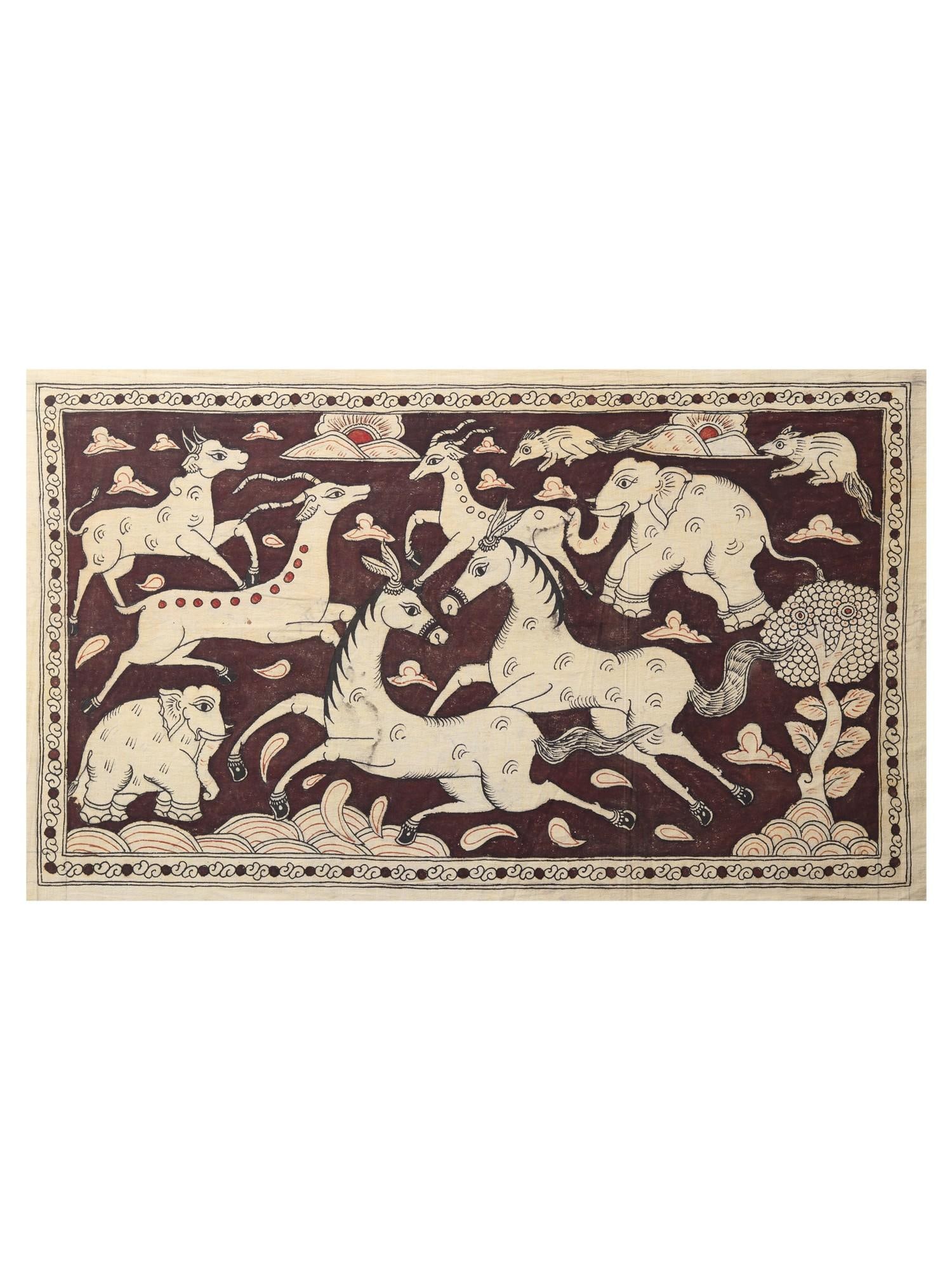 A Jungle Landscape | Kalamkari Painting: Title: A Jungle Landscape | Kalamkari Painting Description: Folk Paintings Reserve: $102.60 Shipping: Domestic: Shipping rates are determined by destination International: Foreign shipping rates are