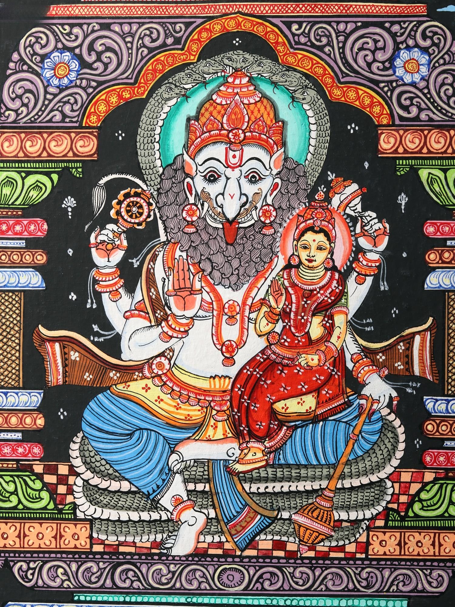 Lord Narasimha with Lakshmi | Patachitra Painting - 2