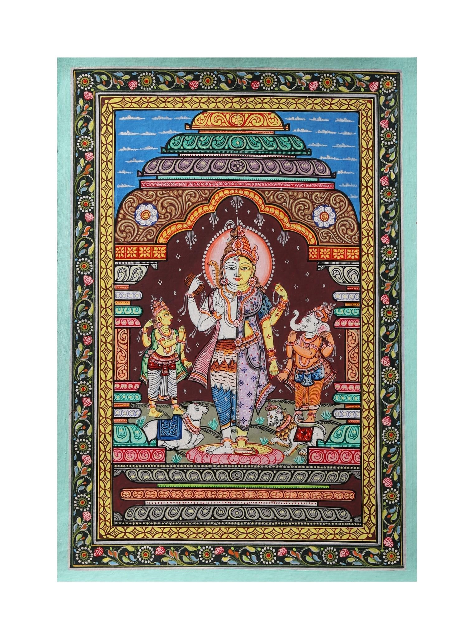 Ardhanarishvara with Ganesha and Karttikeya | Patachitra Painting: Title: Ardhanarishvara with Ganesha and Karttikeya | Patachitra Painting Description: Folk Paintings Reserve: $160.20 Shipping: Domestic: Shipping rates are determined by destination International: