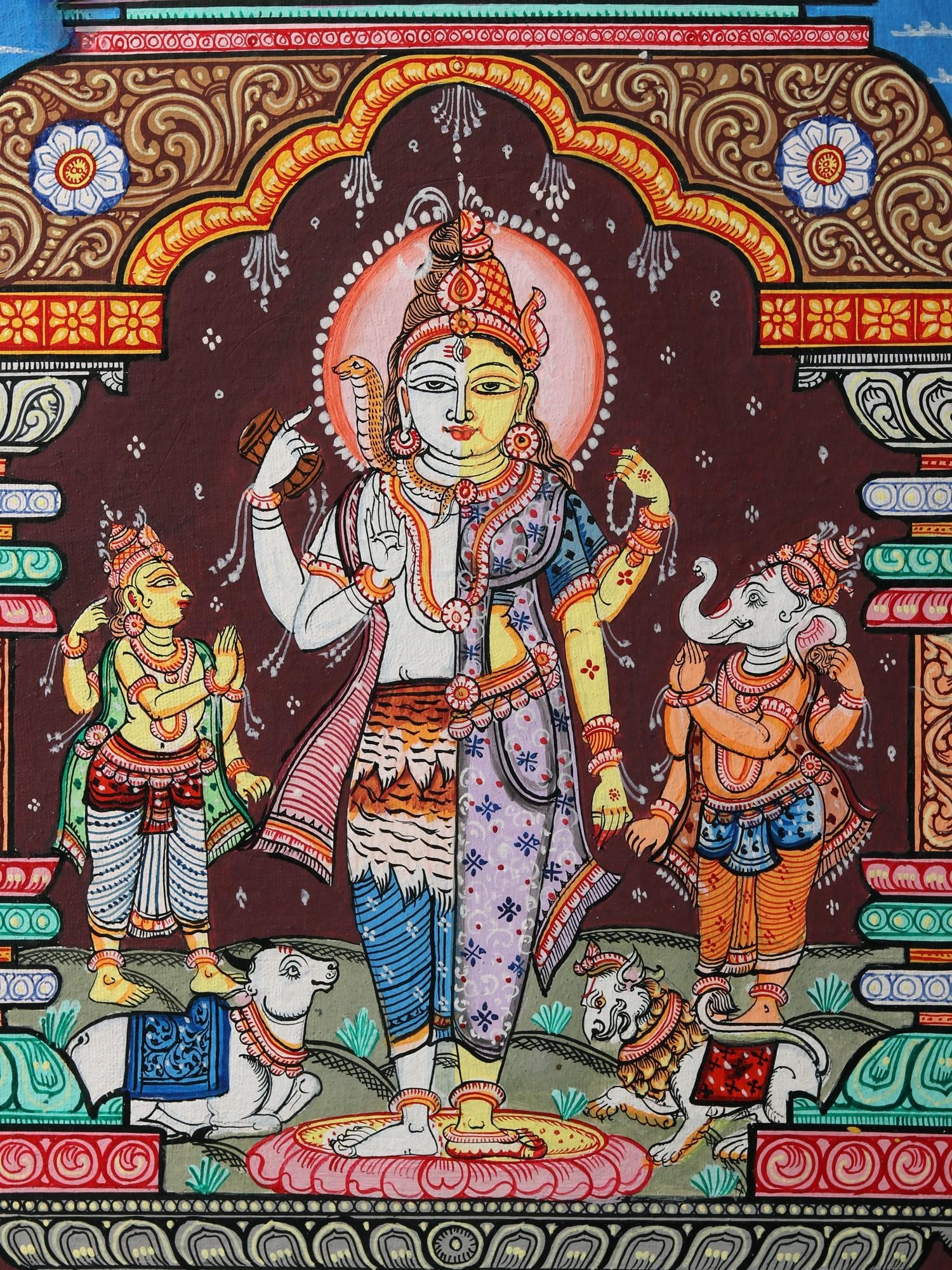 Ardhanarishvara with Ganesha and Karttikeya | Patachitra Painting - 2