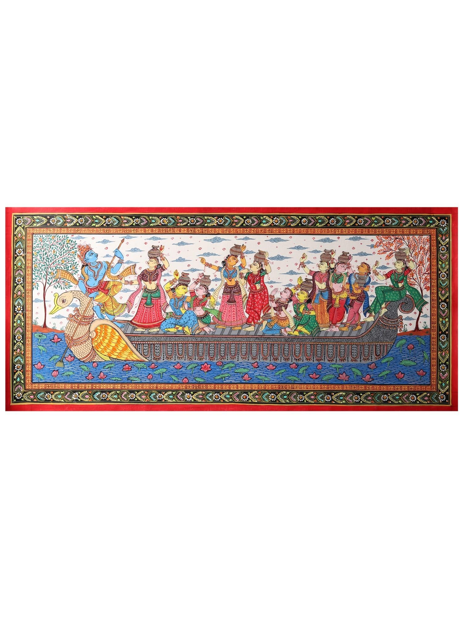 Nauka Vihar (Shri Krishna with Gopis on Boat) | Patachitra Painting: Title: Nauka Vihar (Shri Krishna with Gopis on Boat) | Patachitra Painting Description: Folk Paintings Reserve: $365.40 Shipping: Domestic: Shipping rates are determined by destination International: 