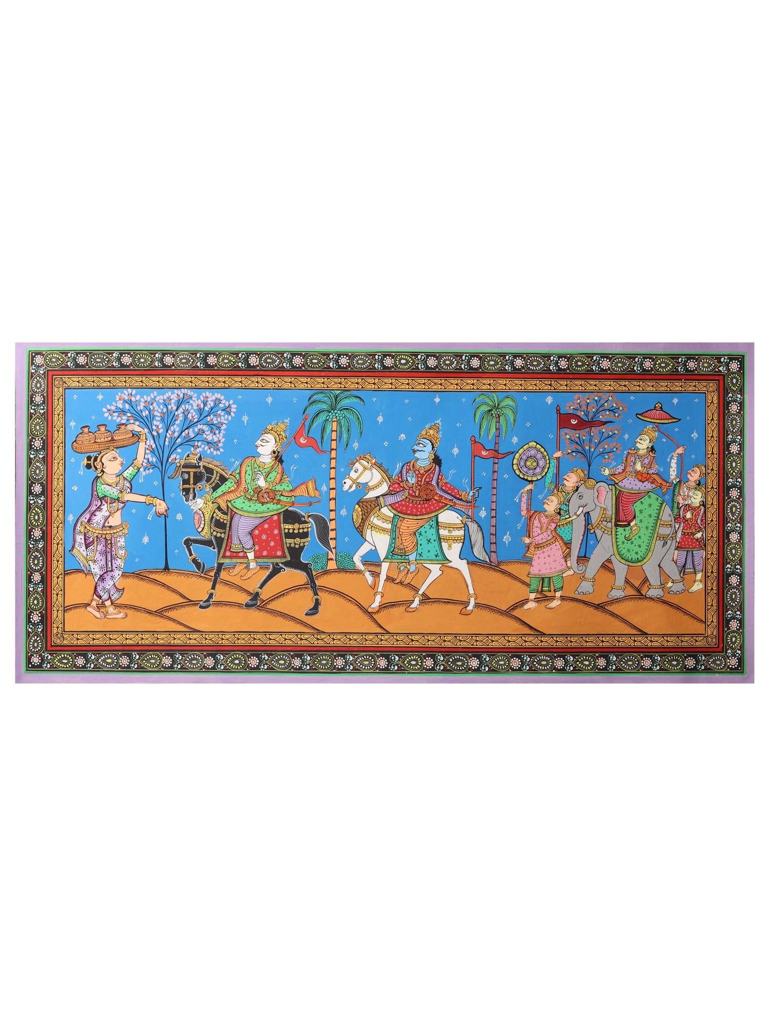 Kanchi Abhijan (Jagannath, Baladev and Gajapati King with Milkmaid Manika) | Patachitra Painting: Title: Kanchi Abhijan (Jagannath, Baladev and Gajapati King with Milkmaid Manika) | Patachitra Painting Description: Folk Paintings Reserve: $365.40 Shipping: Domestic: Shipping rates are determined b
