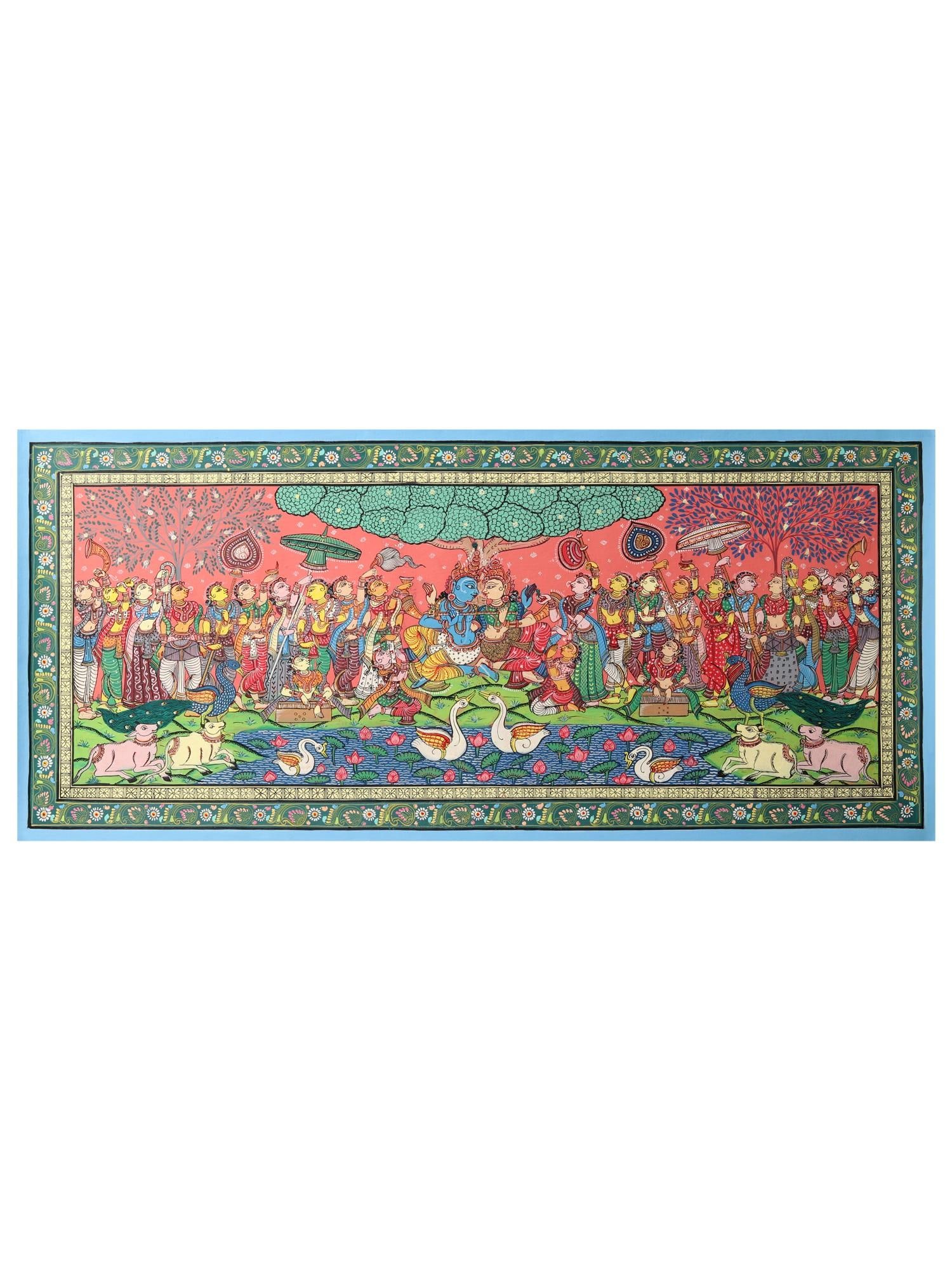 Rasleela - Celebration View of Radha Krishna with Gopis: Title: Rasleela - Celebration View of Radha Krishna with Gopis Description: Folk Paintings Reserve: $365.40 Shipping: Domestic: Shipping rates are determined by destination International: Foreign