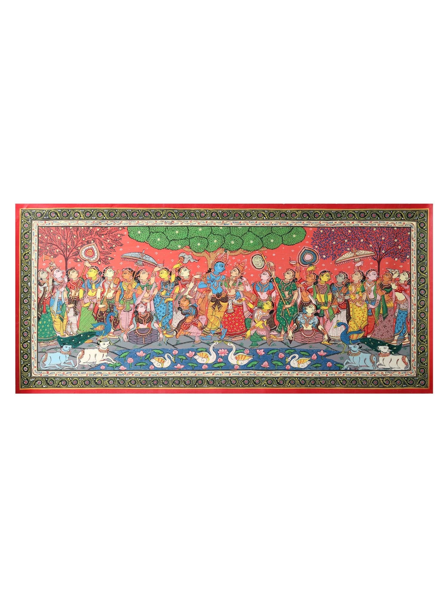 Radha-Krishna and Gopis | Patachitra Painting: Title: Radha-Krishna and Gopis | Patachitra Painting Description: Folk Paintings Reserve: $365.40 Shipping: Domestic: Shipping rates are determined by destination International: Foreign shipping rates