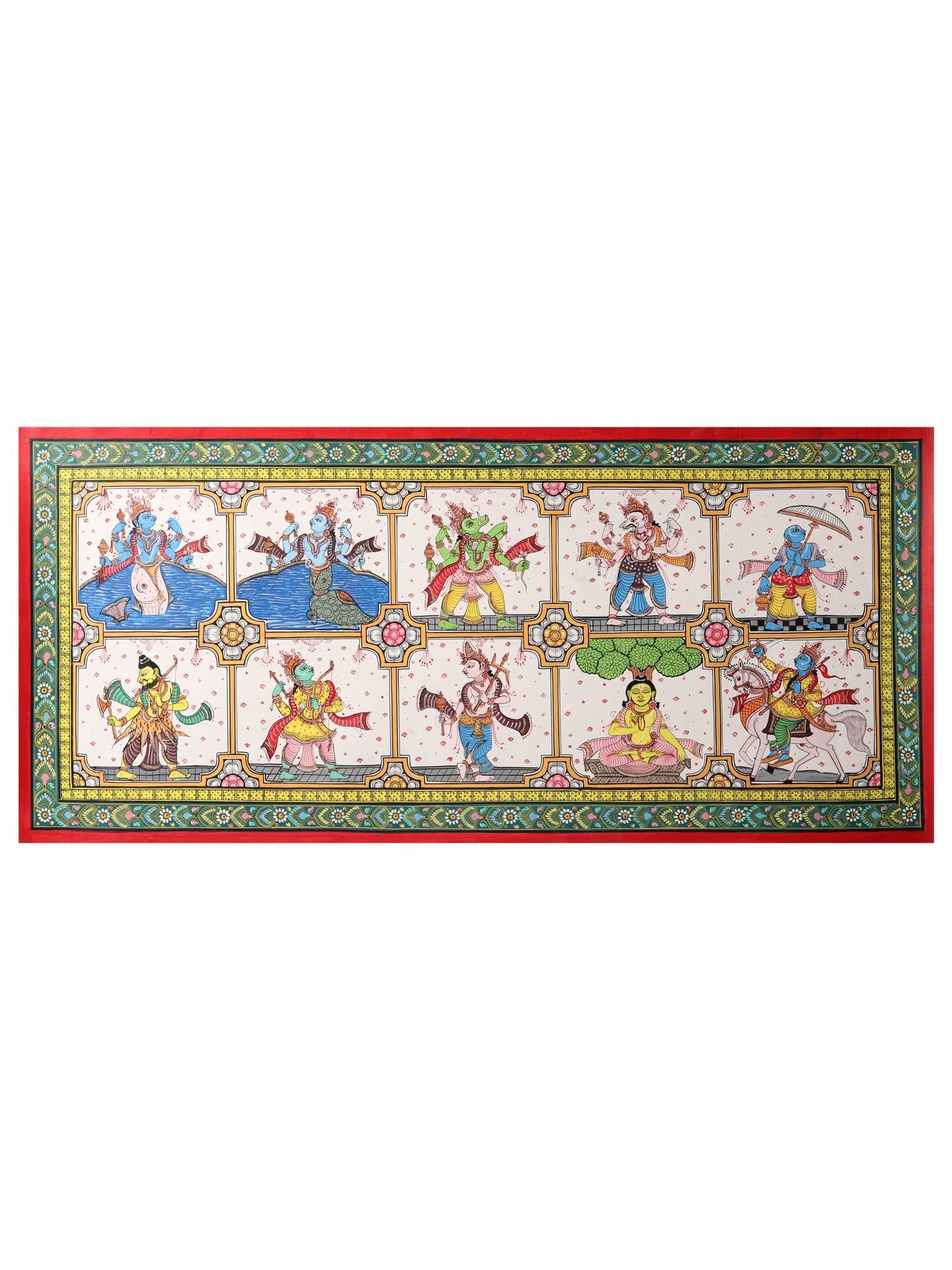 Dashavatara of Lord Vishnu | Patachitra Art: Title: Dashavatara of Lord Vishnu | Patachitra Art Description: Folk Paintings Reserve: $399.60 Shipping: Domestic: Shipping rates are determined by destination International: Foreign shipping rates a