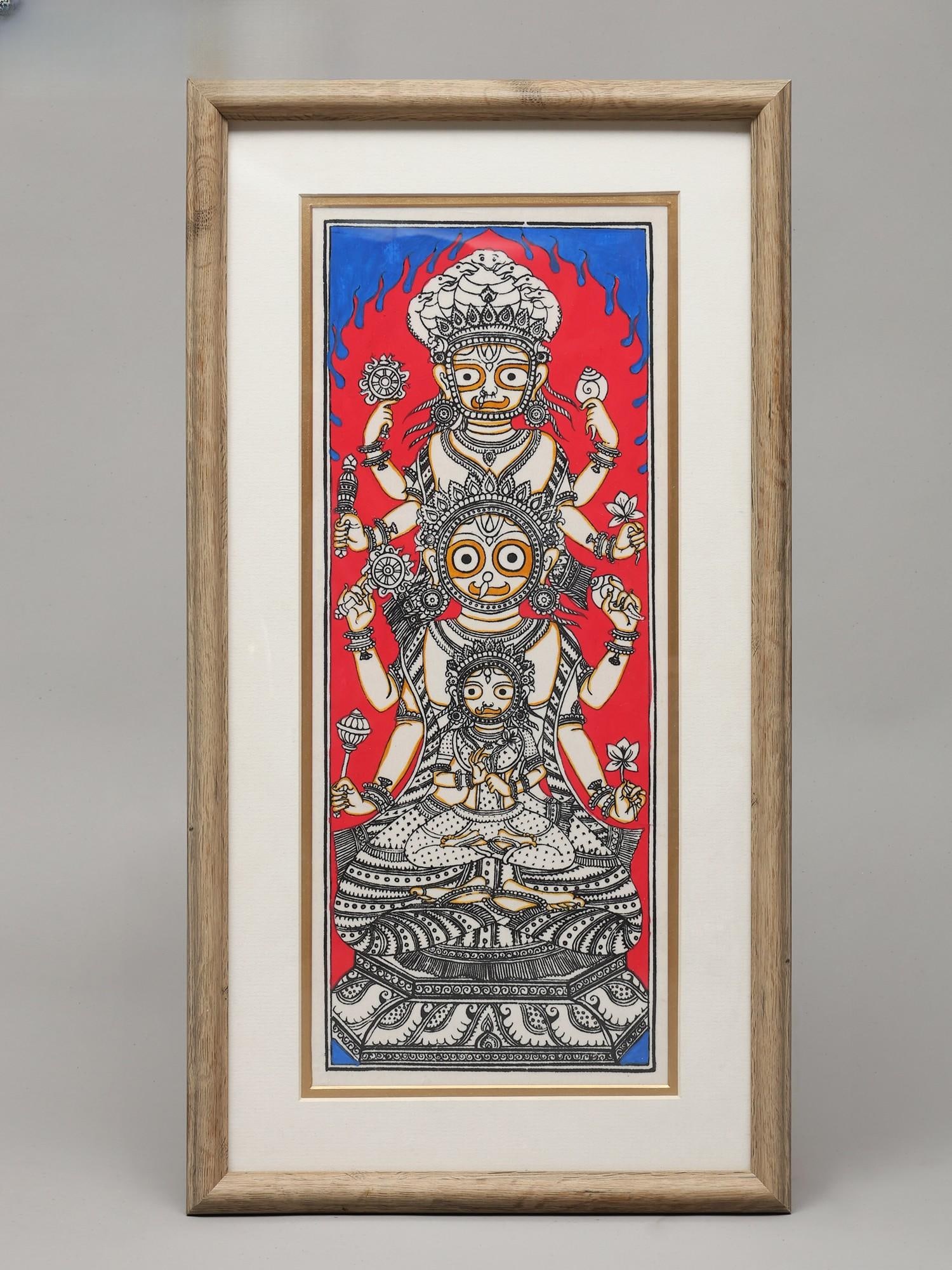 Lord Jagannath, Subhadra and Balabhadra | Framed Pattachitra Painting | Watercolor on Silk: Title: Lord Jagannath, Subhadra and Balabhadra | Framed Pattachitra Painting | Watercolor on Silk Description: Folk Paintings Reserve: $129.60 Shipping: Domestic: Shipping rates are determined by
