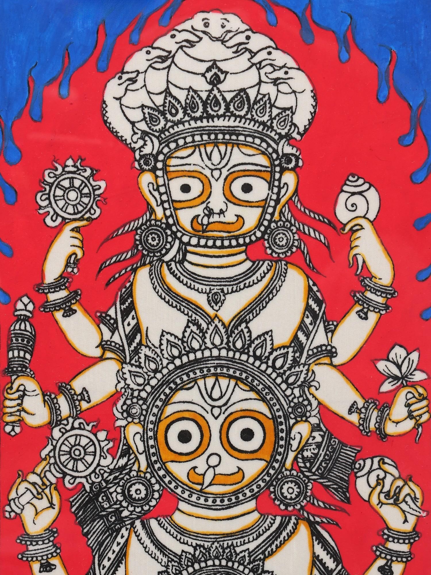Lord Jagannath, Subhadra and Balabhadra | Framed Pattachitra Painting | Watercolor on Silk - 2