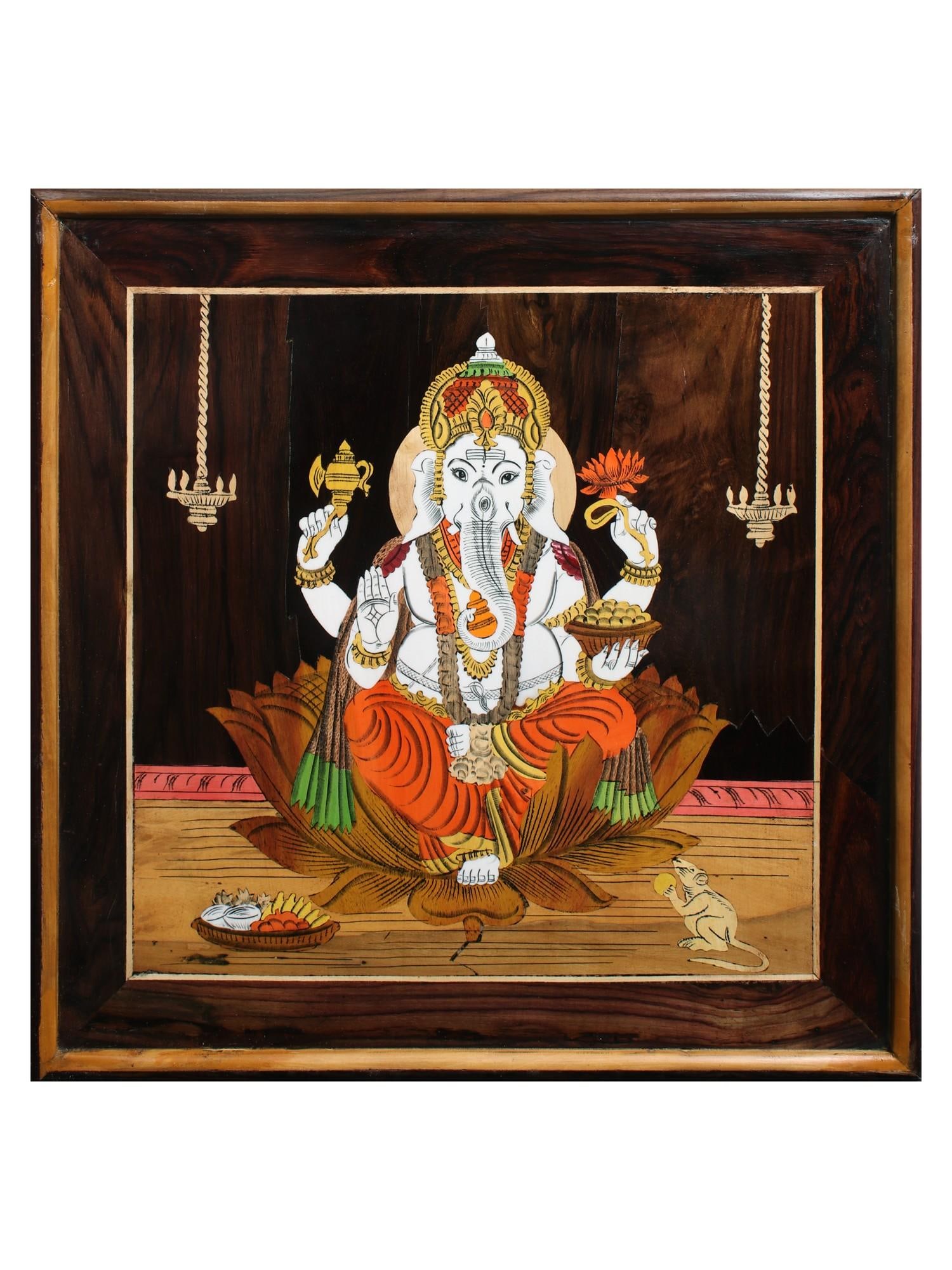 19" Lord Ganesha With Mushaka | Natural Color On Wood Panel With Inlay Work: Title: 19" Lord Ganesha With Mushaka | Natural Color On Wood Panel With Inlay Work Description: Mysore Wooden Inlay Panels Painting Reserve: $300.60 Shipping: Domestic: Shipping rates are determined b